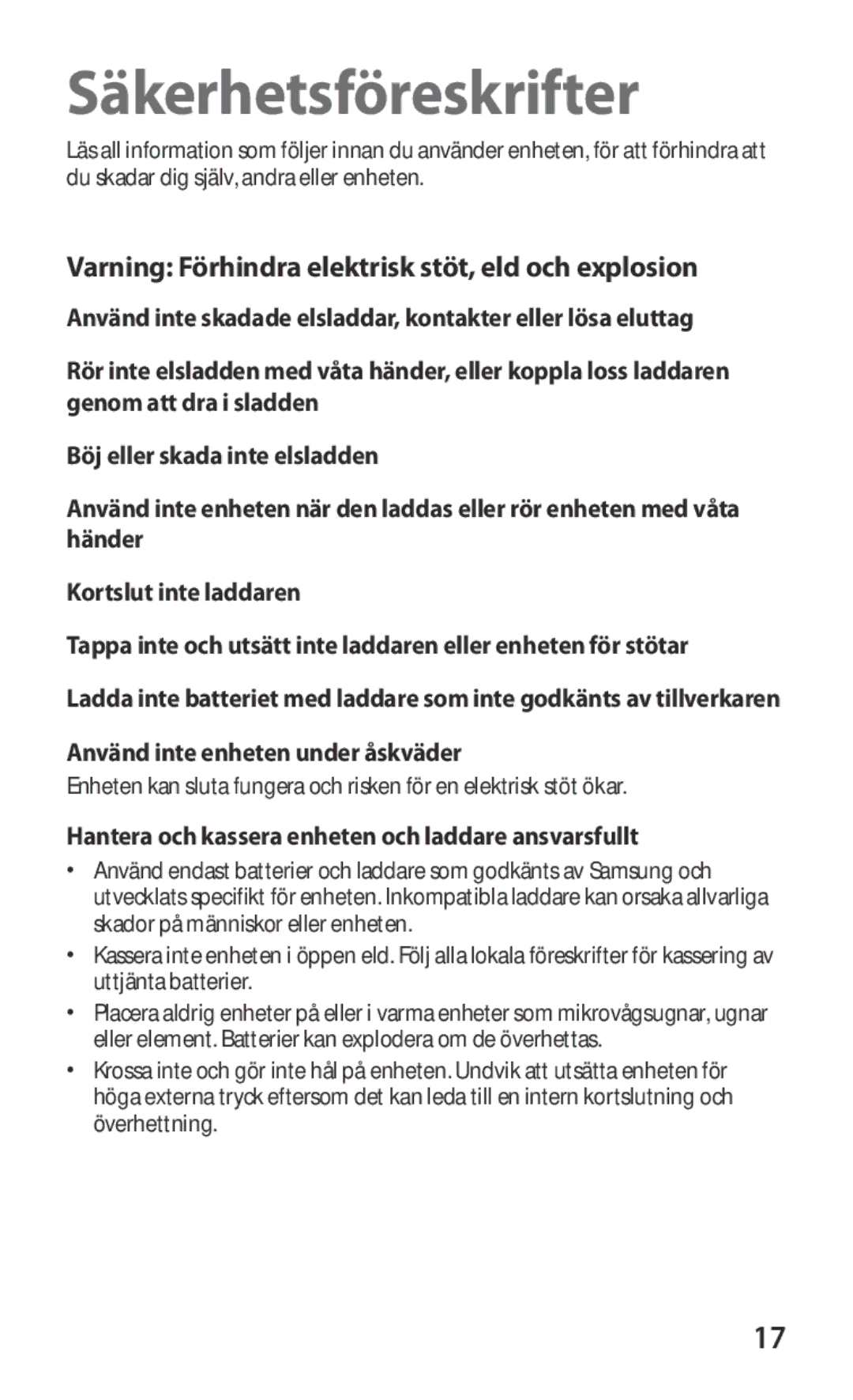 Samsung GT-P7320FKANEE, GT-P7320UWANEE, GT-P7320UWATSF, GT-P7320UWAELS Varning Förhindra elektrisk stöt, eld och explosion 