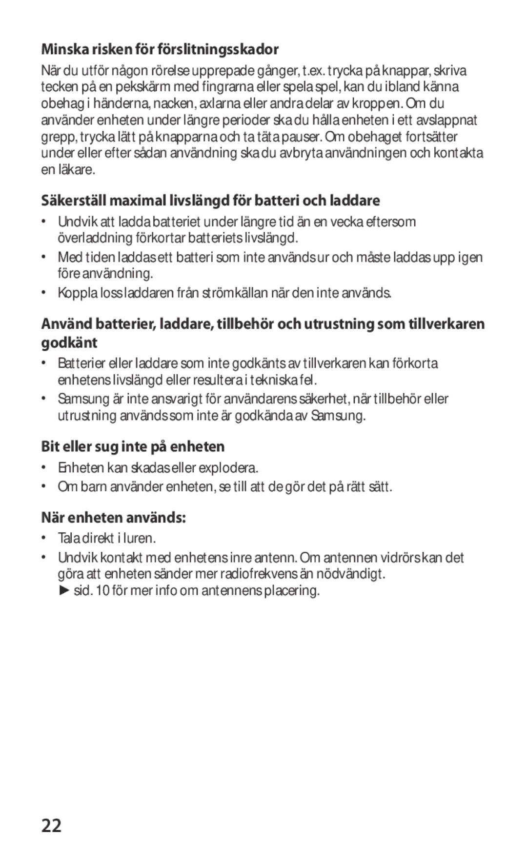 Samsung GT-P7320UWATSF manual Minska risken för förslitningsskador, Säkerställ maximal livslängd för batteri och laddare 