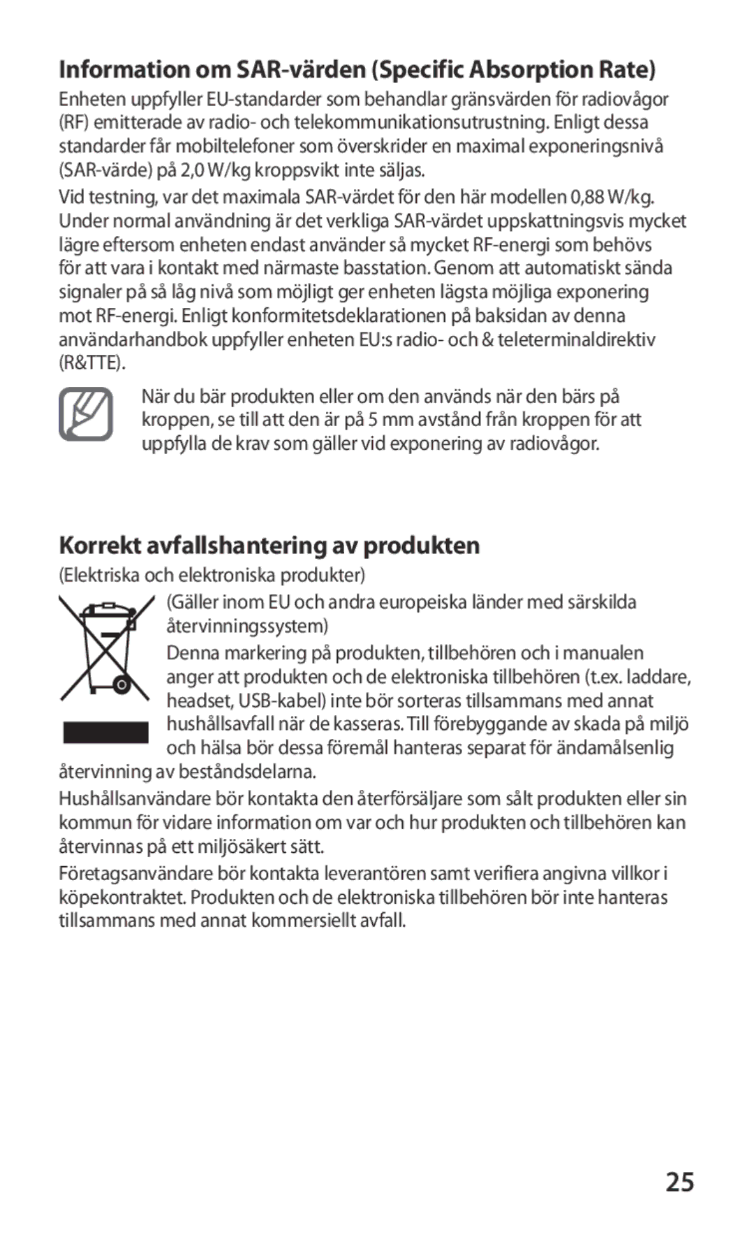 Samsung GT-P7320FKANEE manual Information om SAR-värden Specific Absorption Rate, Korrekt avfallshantering av produkten 