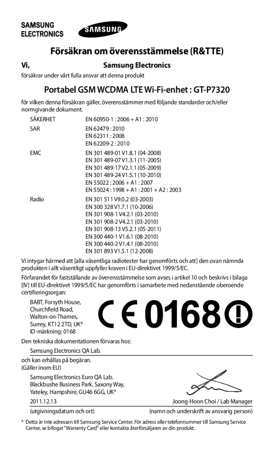 Samsung GT-P7320FKANEE, GT-P7320UWANEE Portabel GSM Wcdma LTE Wi-Fi-enhet GT-P7320, Försäkran om överensstämmelse R&TTE 