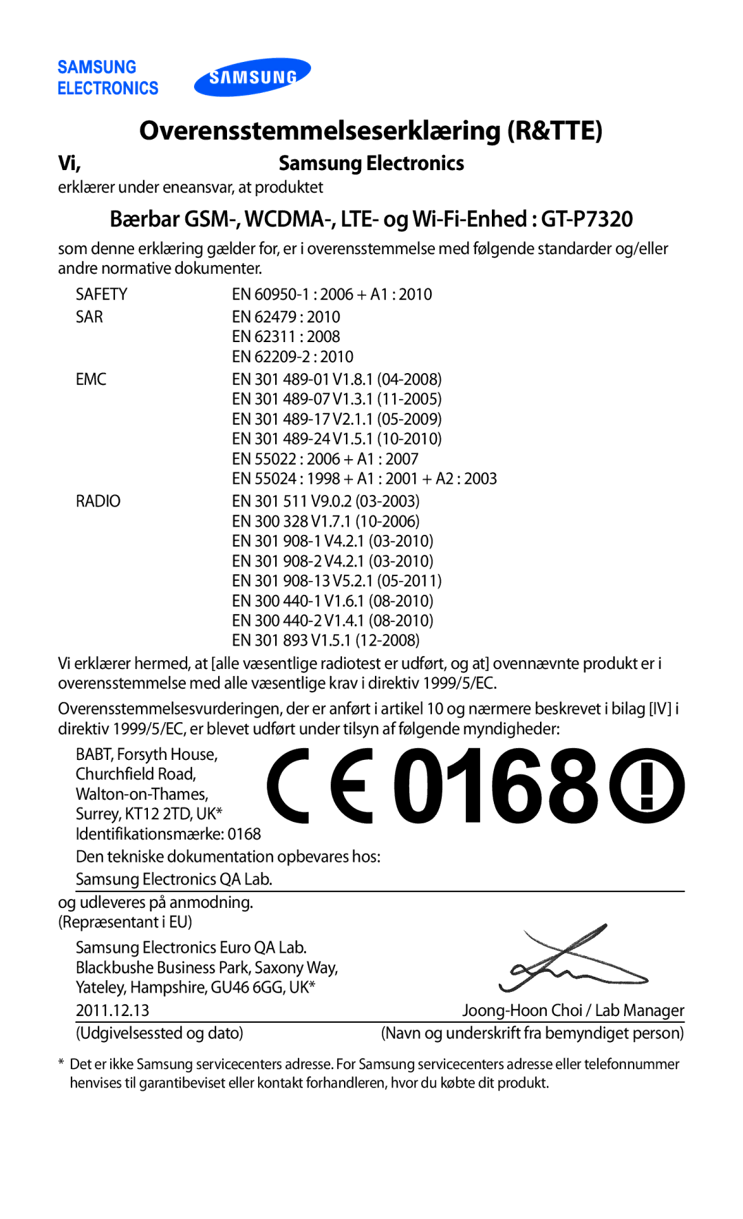 Samsung GT-P7320FKANEE, GT-P7320UWANEE, GT-P7320UWATSF, GT-P7320UWAELS manual Overensstemmelseserklæring R&TTE 