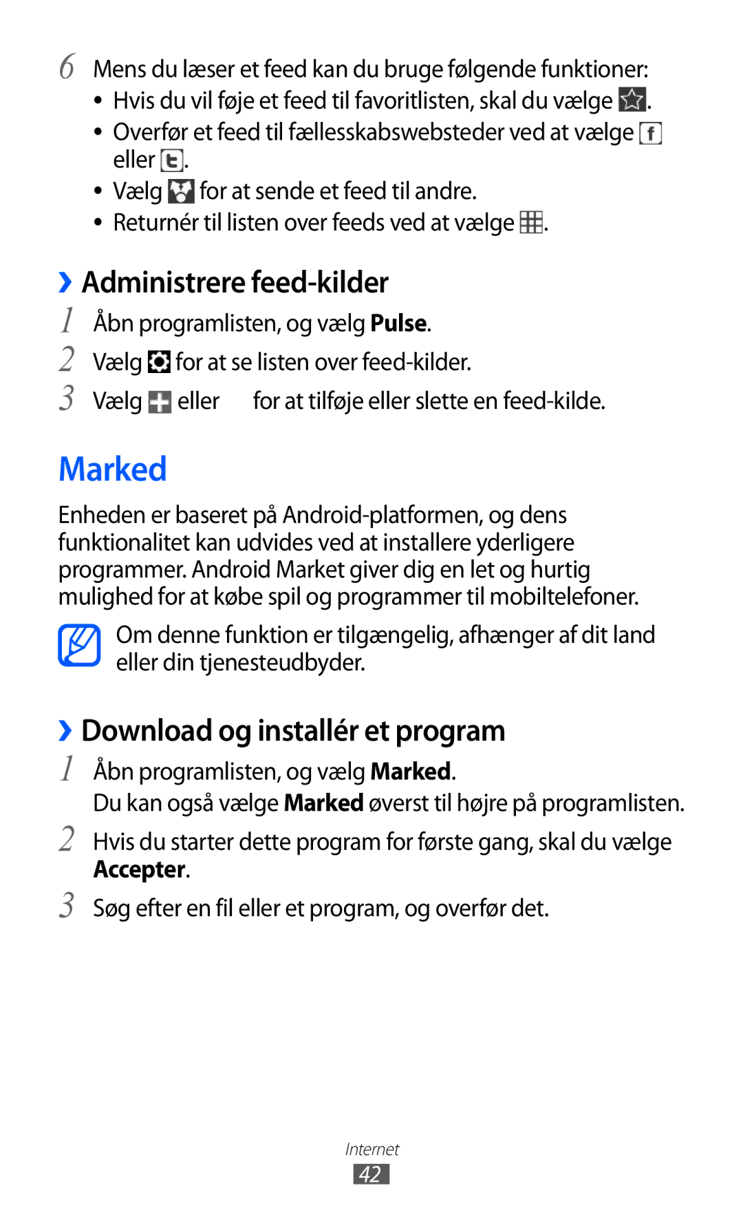 Samsung GT-P7320UWATSF, GT-P7320UWANEE manual Marked, ››Administrere feed-kilder, ››Download og installér et program 
