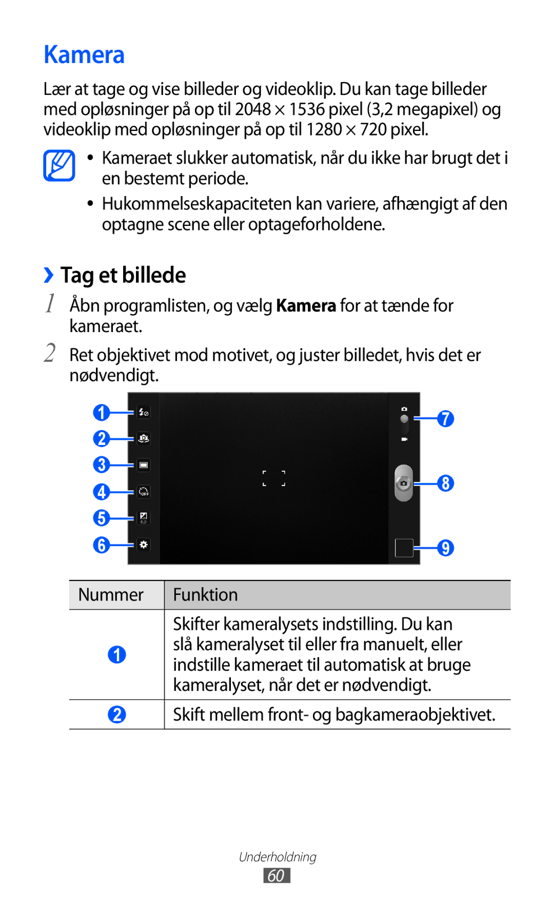 Samsung GT-P7320UWANEE, GT-P7320FKANEE, GT-P7320UWATSF Kamera, ››Tag et billede, Skift mellem front- og bagkameraobjektivet 