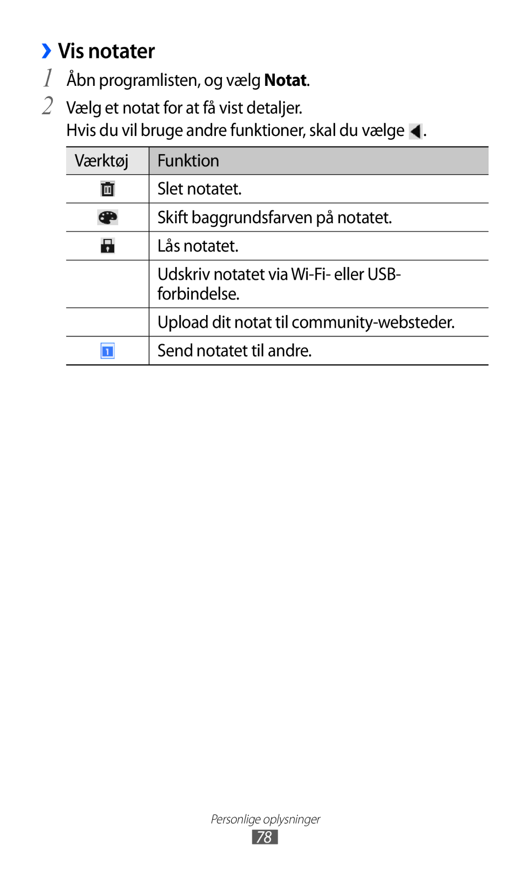 Samsung GT-P7320UWATSF, GT-P7320UWANEE, GT-P7320FKANEE, GT-P7320UWAELS manual ››Vis notater 