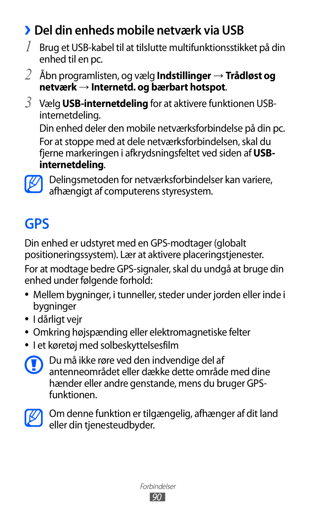 Samsung GT-P7320UWATSF, GT-P7320UWANEE, GT-P7320FKANEE, GT-P7320UWAELS manual Gps, ››Del din enheds mobile netværk via USB 