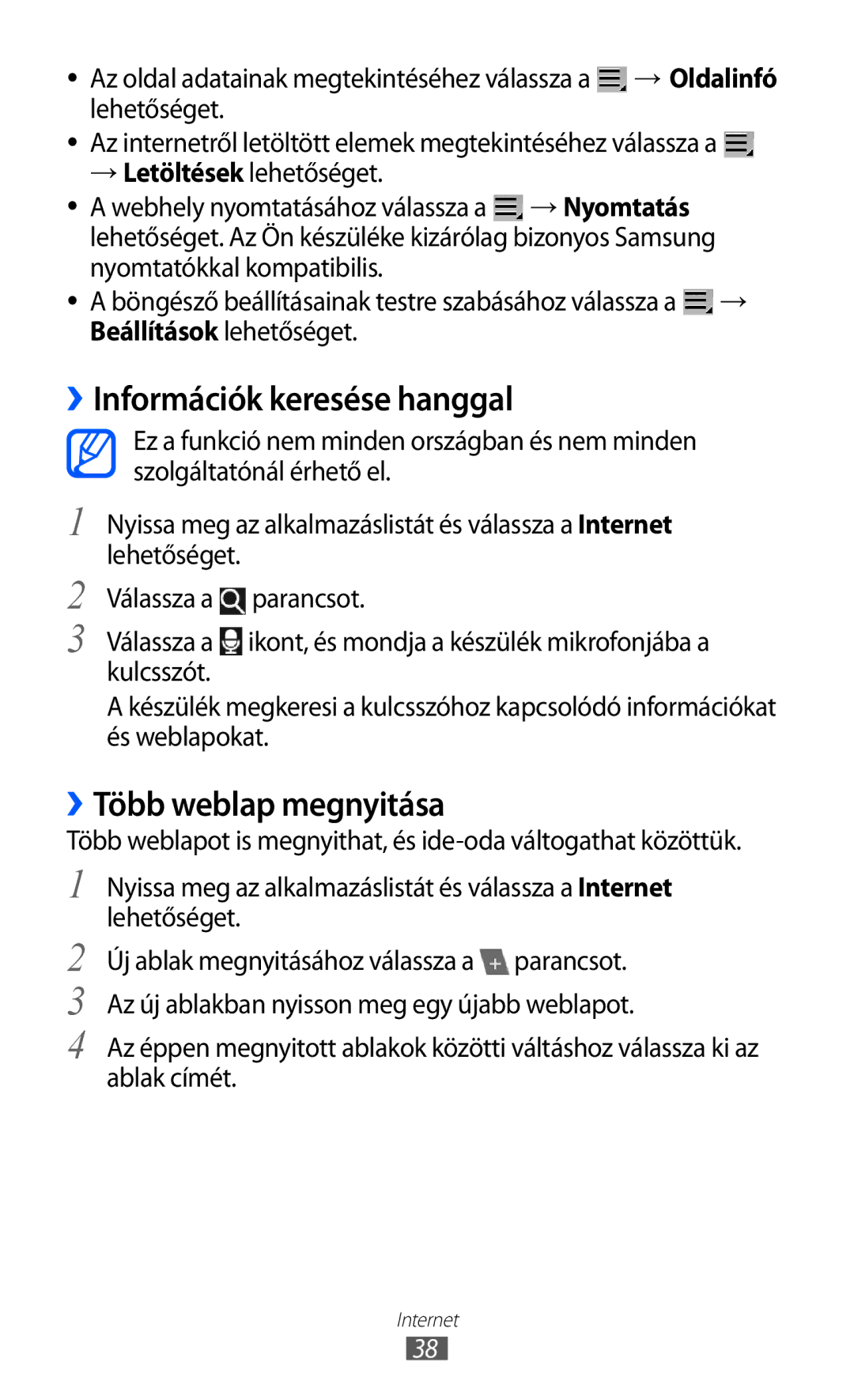 Samsung GT-P7320FKAPAN, GT-P7320UWAPAN, GT-P7320FKATMH manual ››Információk keresése hanggal, ››Több weblap megnyitása 