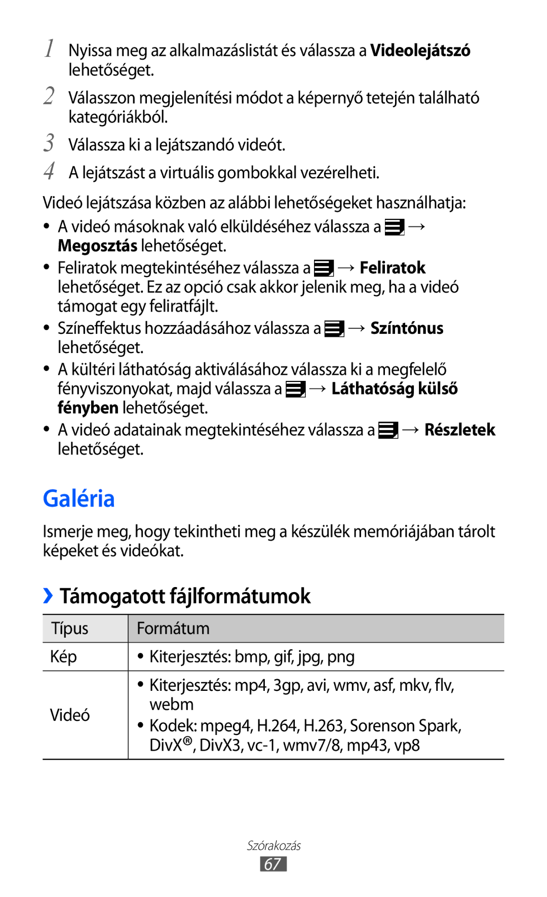 Samsung GT-P7320UWATMH Galéria, Támogatott fájlformátumok, Típus Formátum Kép Kiterjesztés bmp, gif, jpg, png, Videó Webm 