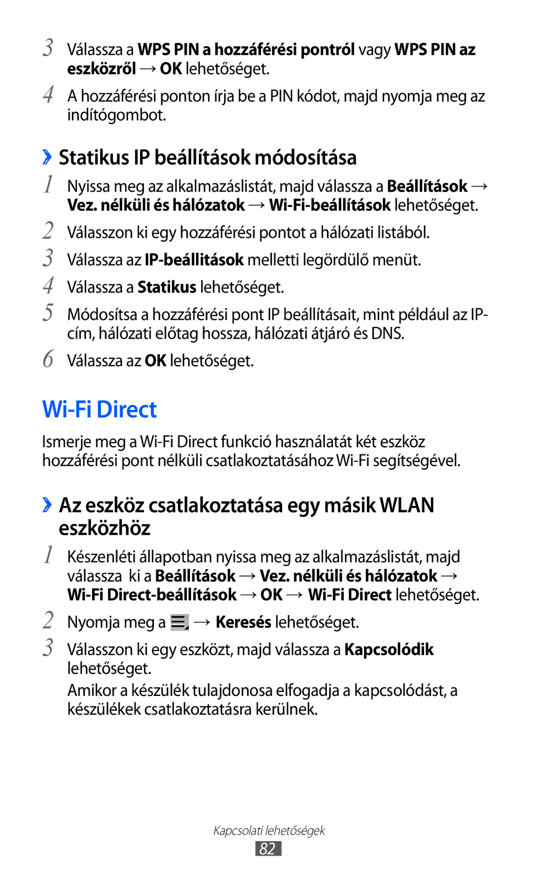 Samsung GT-P7320FKAPAN manual Wi-Fi Direct, ››Statikus IP beállítások módosítása, Nyomja meg a → Keresés lehetőséget 