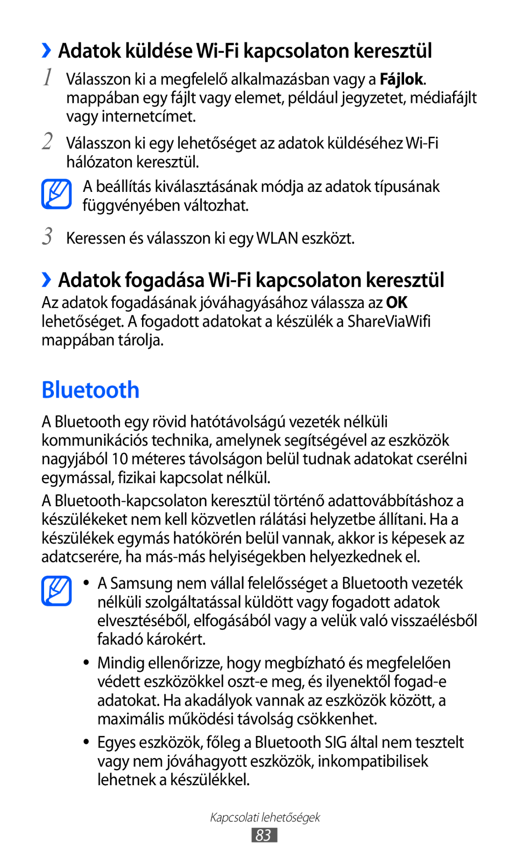 Samsung GT-P7320UWATMH, GT-P7320UWAPAN, GT-P7320FKATMH manual Bluetooth, ››Adatok küldése Wi-Fi kapcsolaton keresztül 