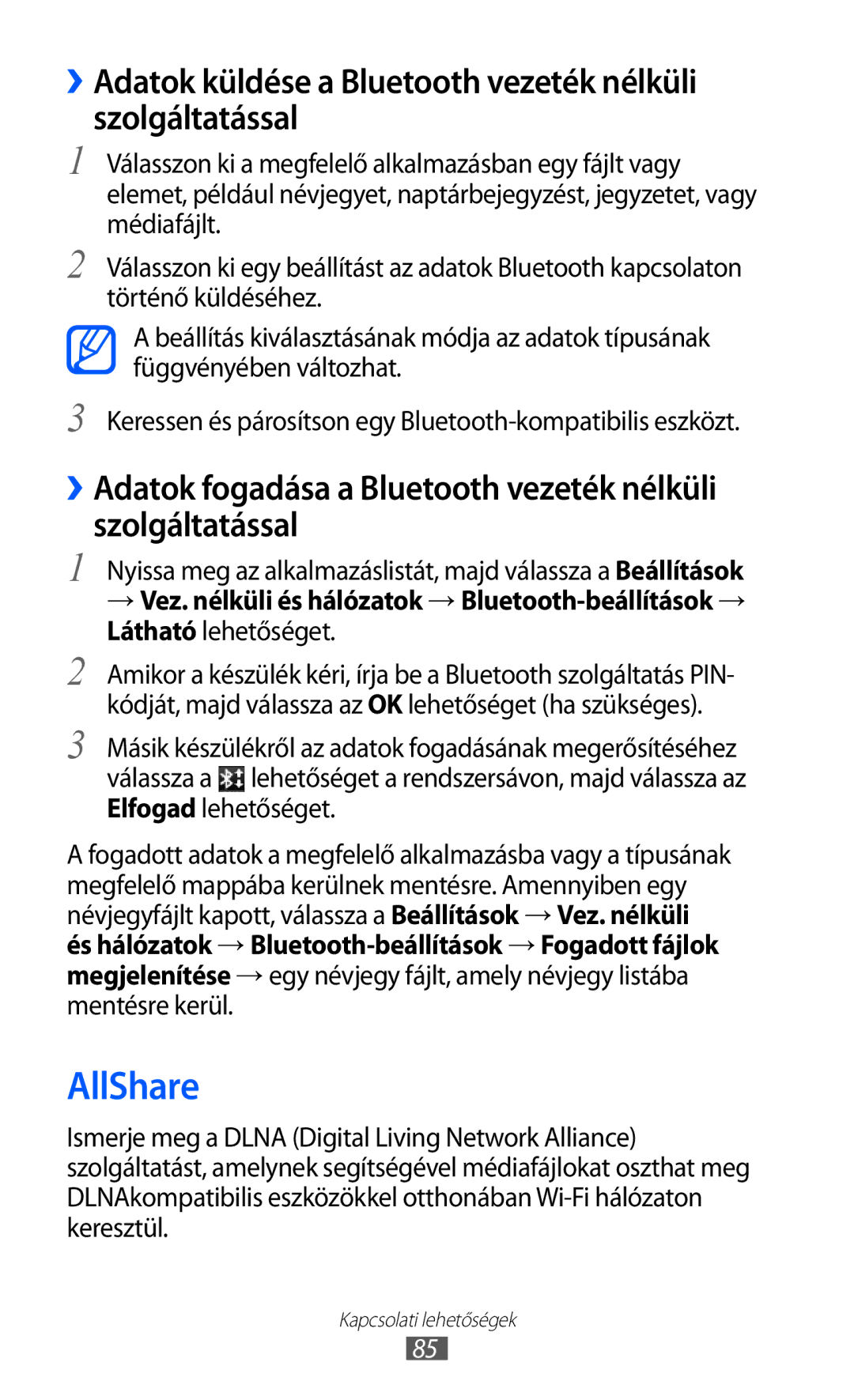 Samsung GT-P7320FKATMH, GT-P7320UWAPAN manual AllShare, ››Adatok küldése a Bluetooth vezeték nélküli szolgáltatással 