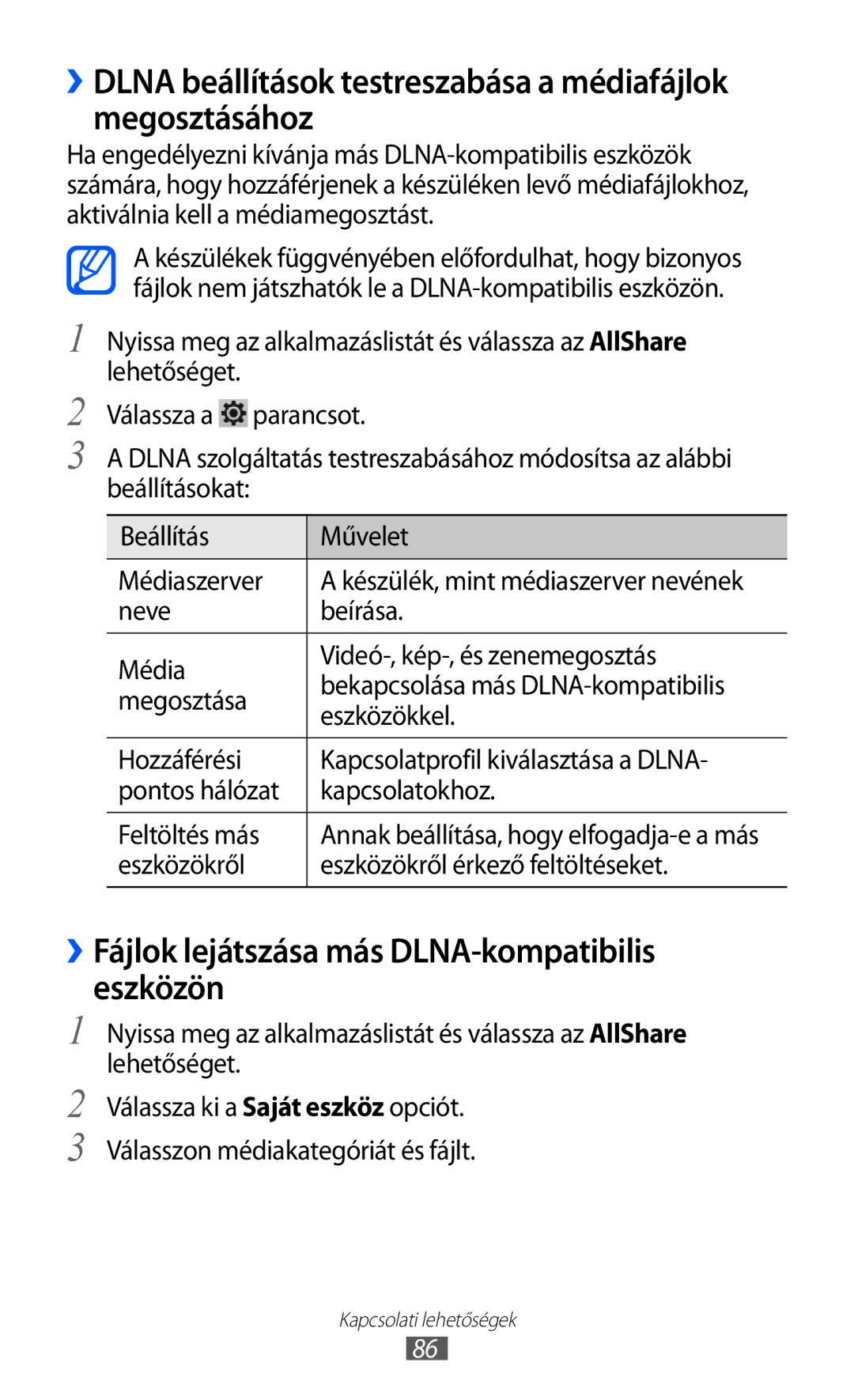 Samsung GT-P7320FKAPAN, GT-P7320UWAPAN manual ››Fájlok lejátszása más DLNA-kompatibilis eszközön, Megosztása, Eszközökkel 