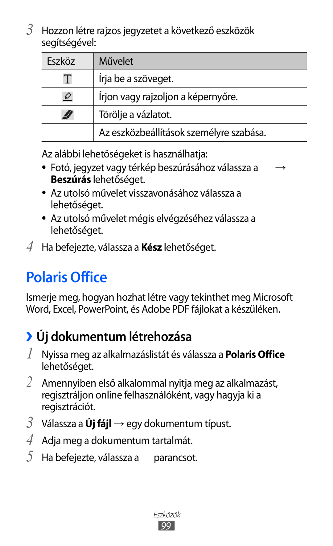 Samsung GT-P7320UWATMH manual Polaris Office, ››Új dokumentum létrehozása, Regisztrációt, Adja meg a dokumentum tartalmát 