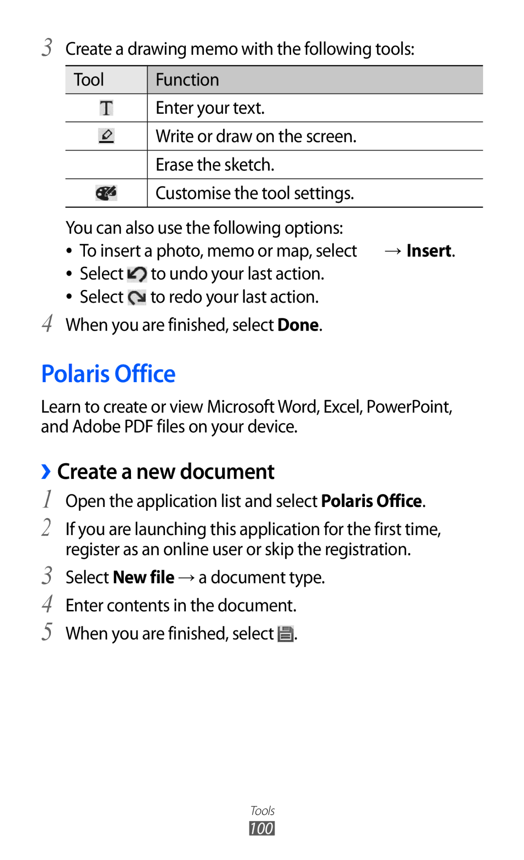 Samsung GT-P7320UWACOV, GT-P7320UWAVD2, GT-P7320FKAOPT, GT-P7320FKATMN, GT-P7320UWADTM Polaris Office, Create a new document 