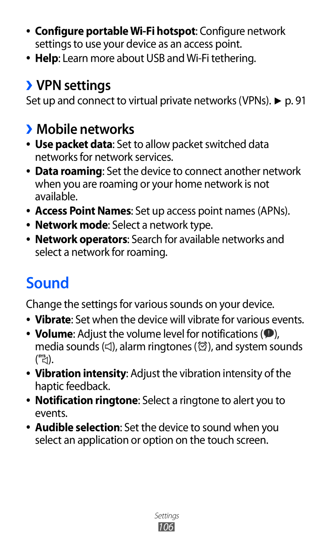 Samsung GT-P7320UWAOMN manual Sound, ››VPN settings, ››Mobile networks, Help Learn more about USB and Wi-Fi tethering 