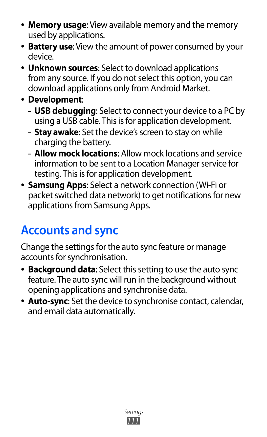 Samsung GT-P7320FKANEE, GT-P7320UWAVD2, GT-P7320FKAOPT, GT-P7320FKATMN, GT-P7320UWADTM manual Accounts and sync, Development 