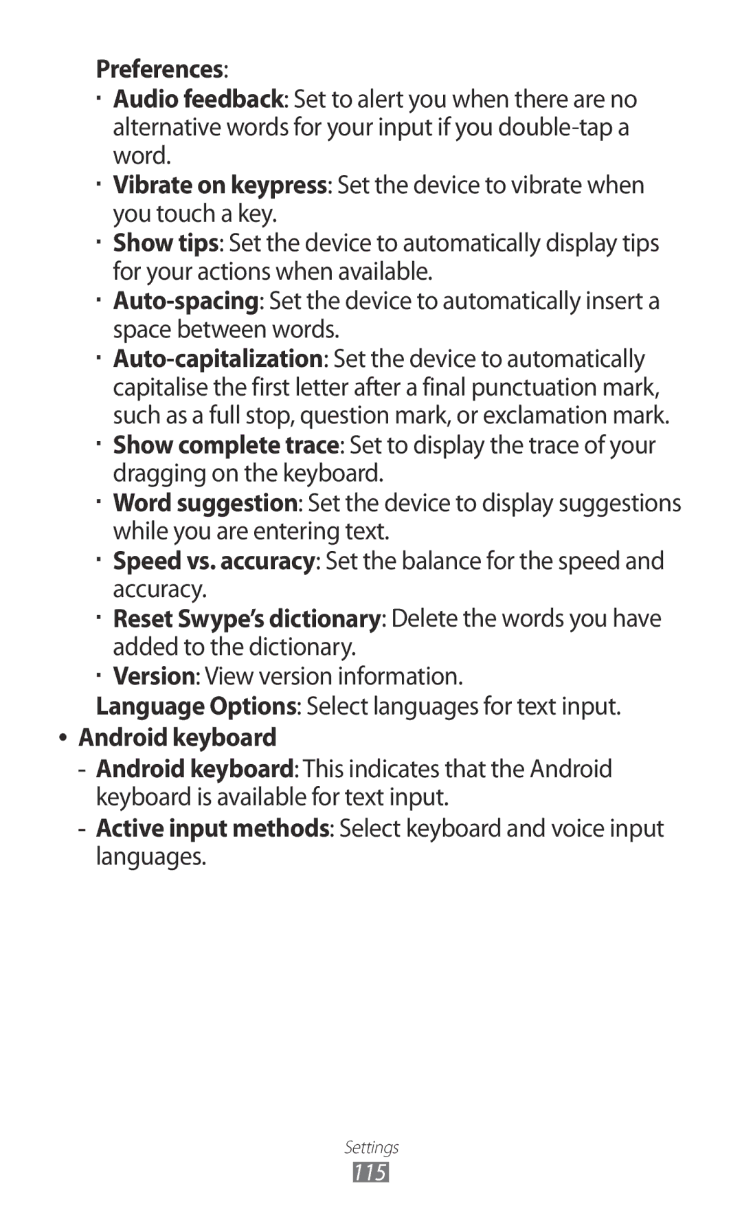 Samsung GT-P7320FKATMH, GT-P7320UWAVD2, GT-P7320FKAOPT, GT-P7320FKATMN, GT-P7320UWADTM manual Preferences, Android keyboard 