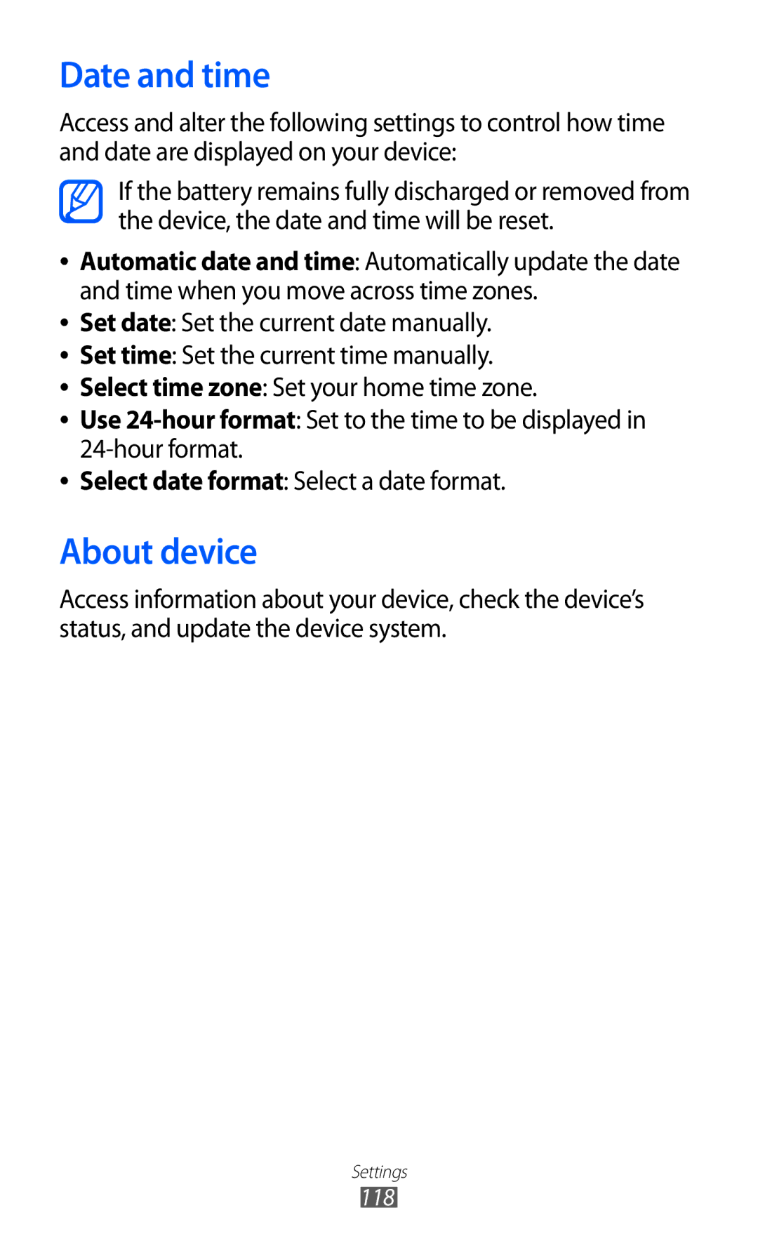 Samsung GT-P7320UWAMGF, GT-P7320UWAVD2, GT-P7320FKAOPT, GT-P7320FKATMN, GT-P7320UWADTM manual Date and time, About device 