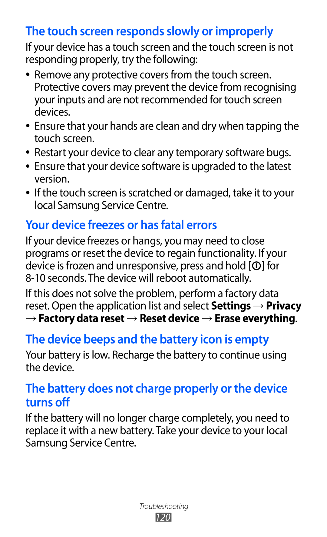 Samsung GT-P7320UWAVD2, GT-P7320FKAOPT, GT-P7320FKATMN, GT-P7320UWADTM manual Device beeps and the battery icon is empty 