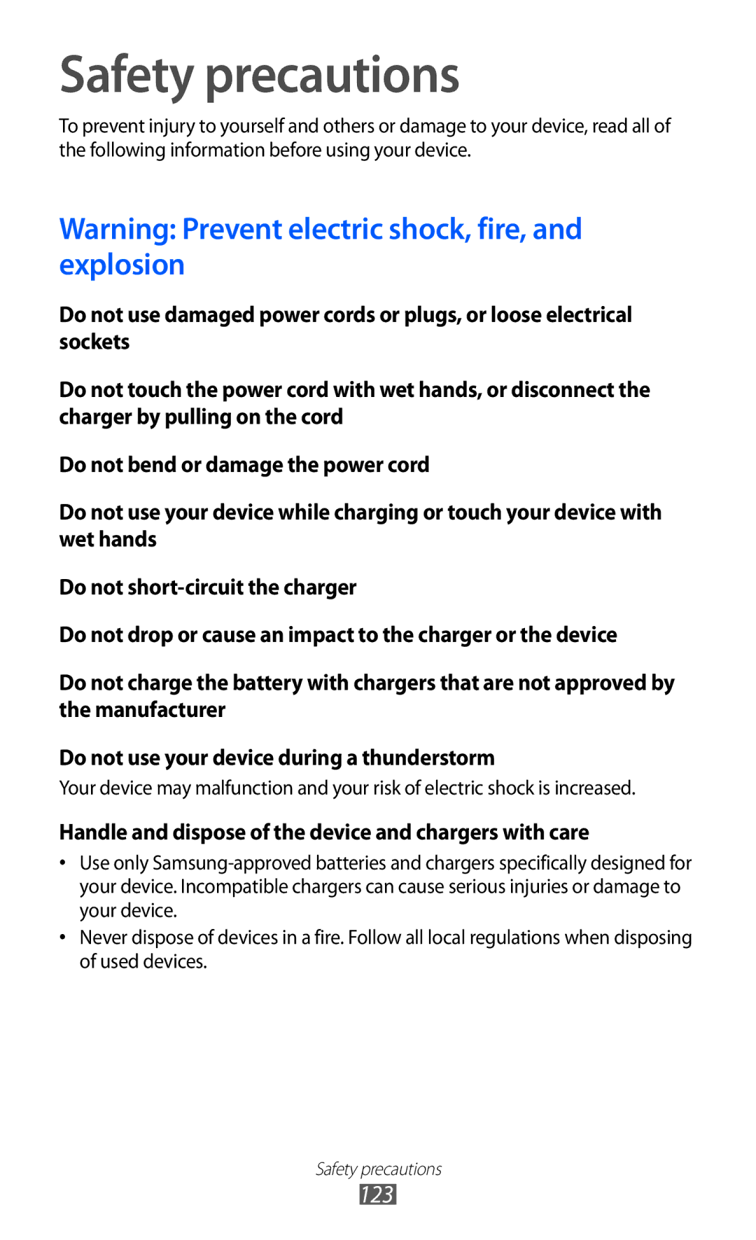 Samsung GT-P7320UWADTM, GT-P7320UWAVD2 manual Safety precautions, Handle and dispose of the device and chargers with care 