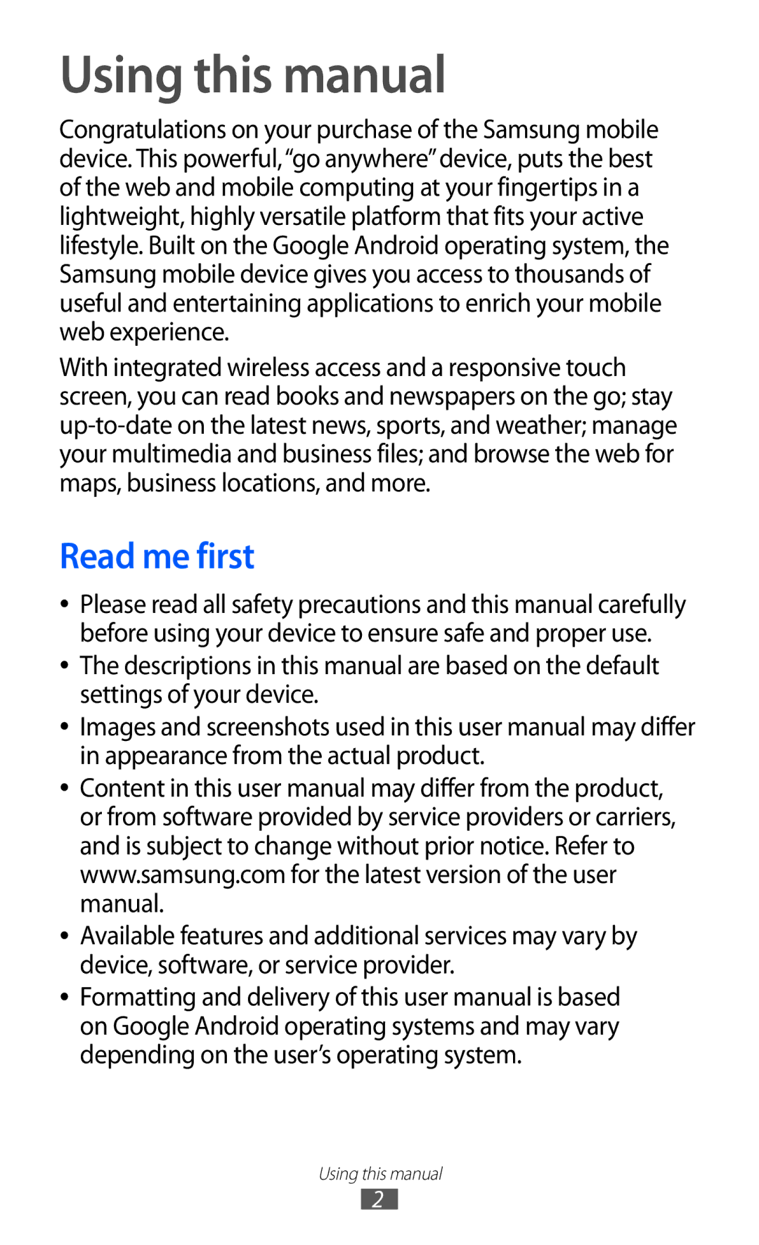 Samsung GT-P7320FKATMN, GT-P7320UWAVD2, GT-P7320FKAOPT, GT-P7320UWADTM, GT-P7320UWACOV Using this manual, Read me first 