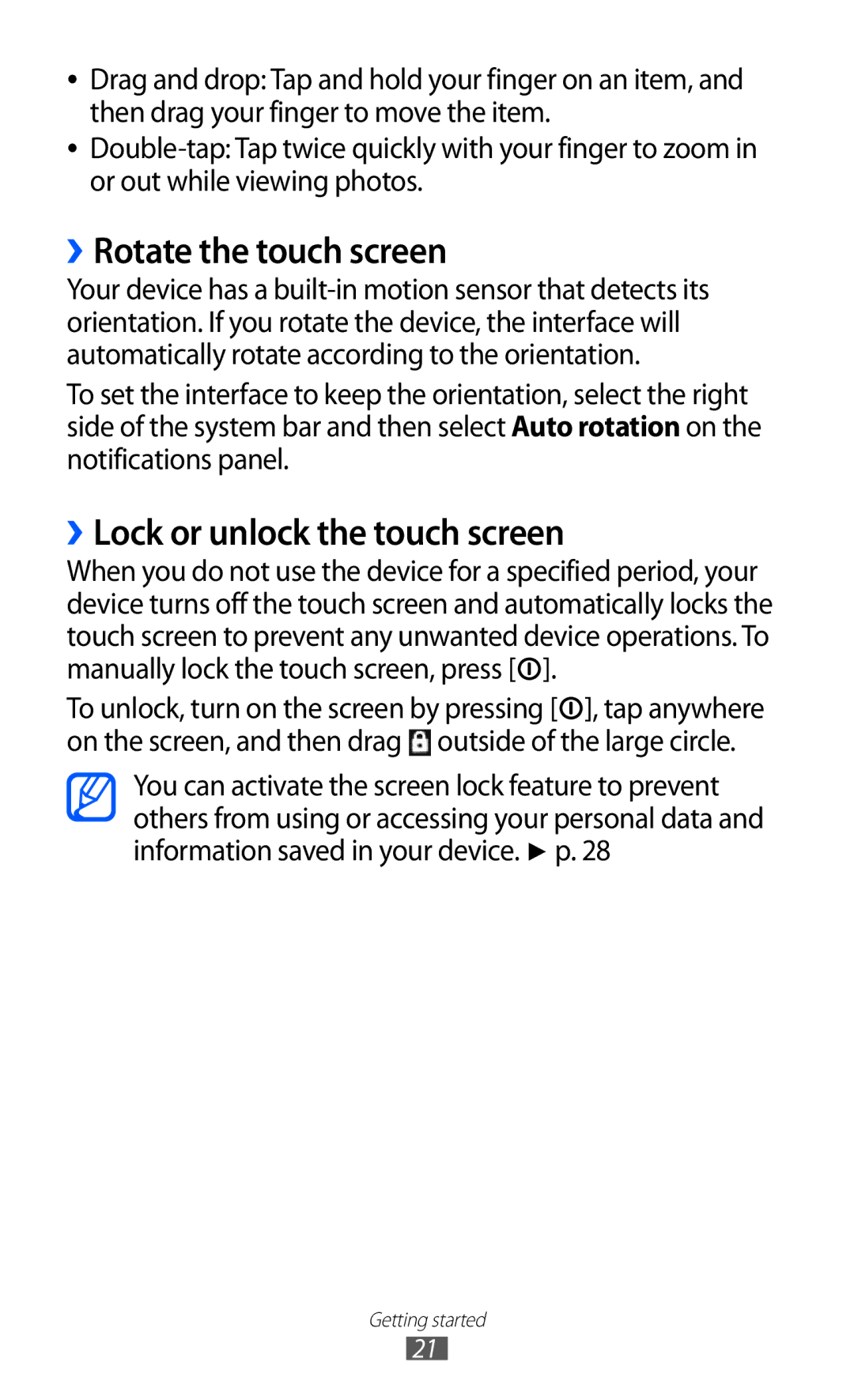 Samsung GT-P7320UWATMH, GT-P7320UWAVD2, GT-P7320FKAOPT manual ››Rotate the touch screen, ››Lock or unlock the touch screen 