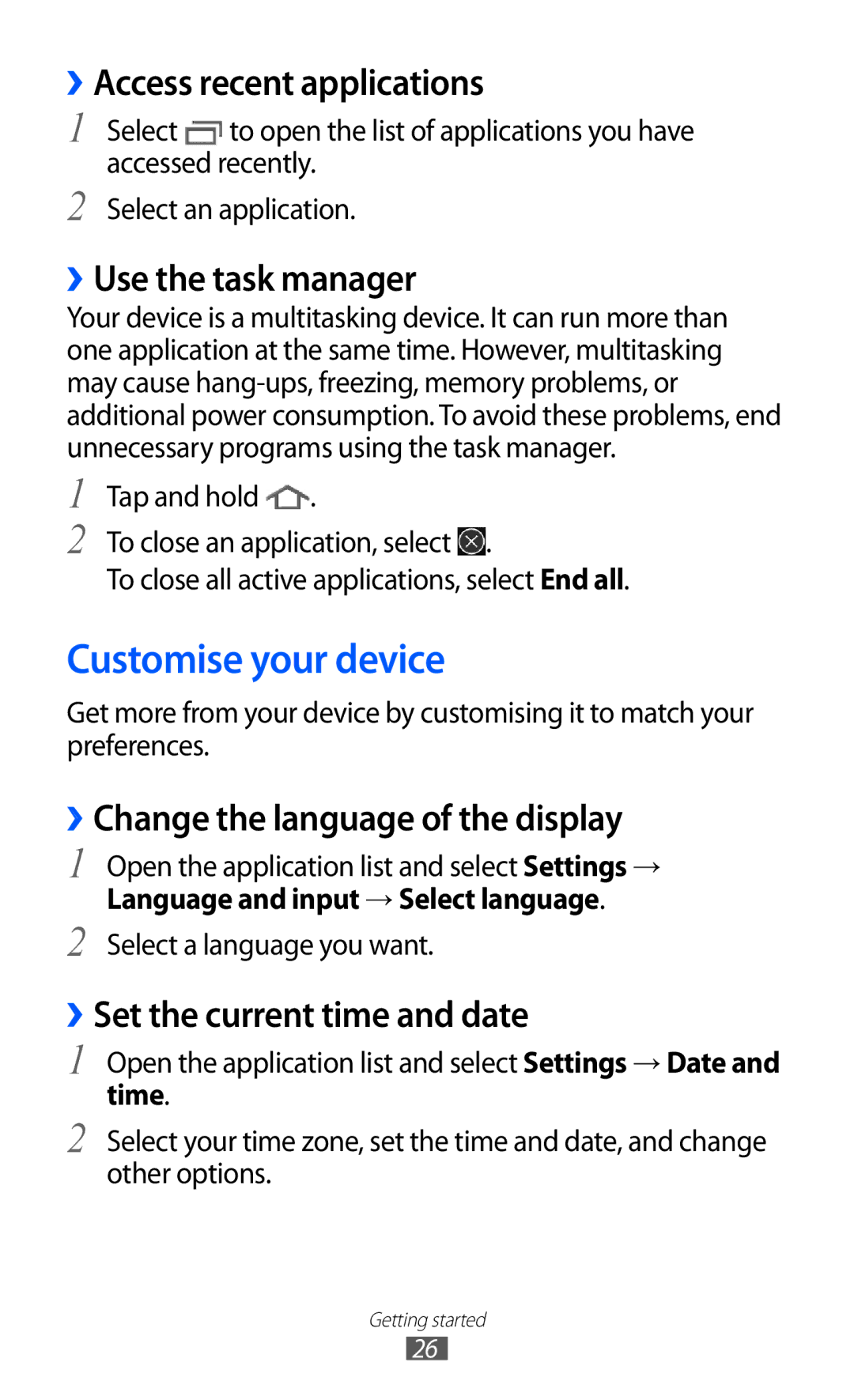 Samsung GT-P7320FKATMN, GT-P7320UWAVD2 manual Customise your device, ››Access recent applications, ››Use the task manager 