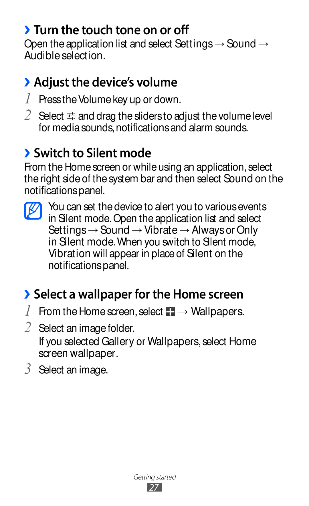 Samsung GT-P7320UWADTM manual ››Turn the touch tone on or off, ››Adjust the device’s volume, ››Switch to Silent mode 