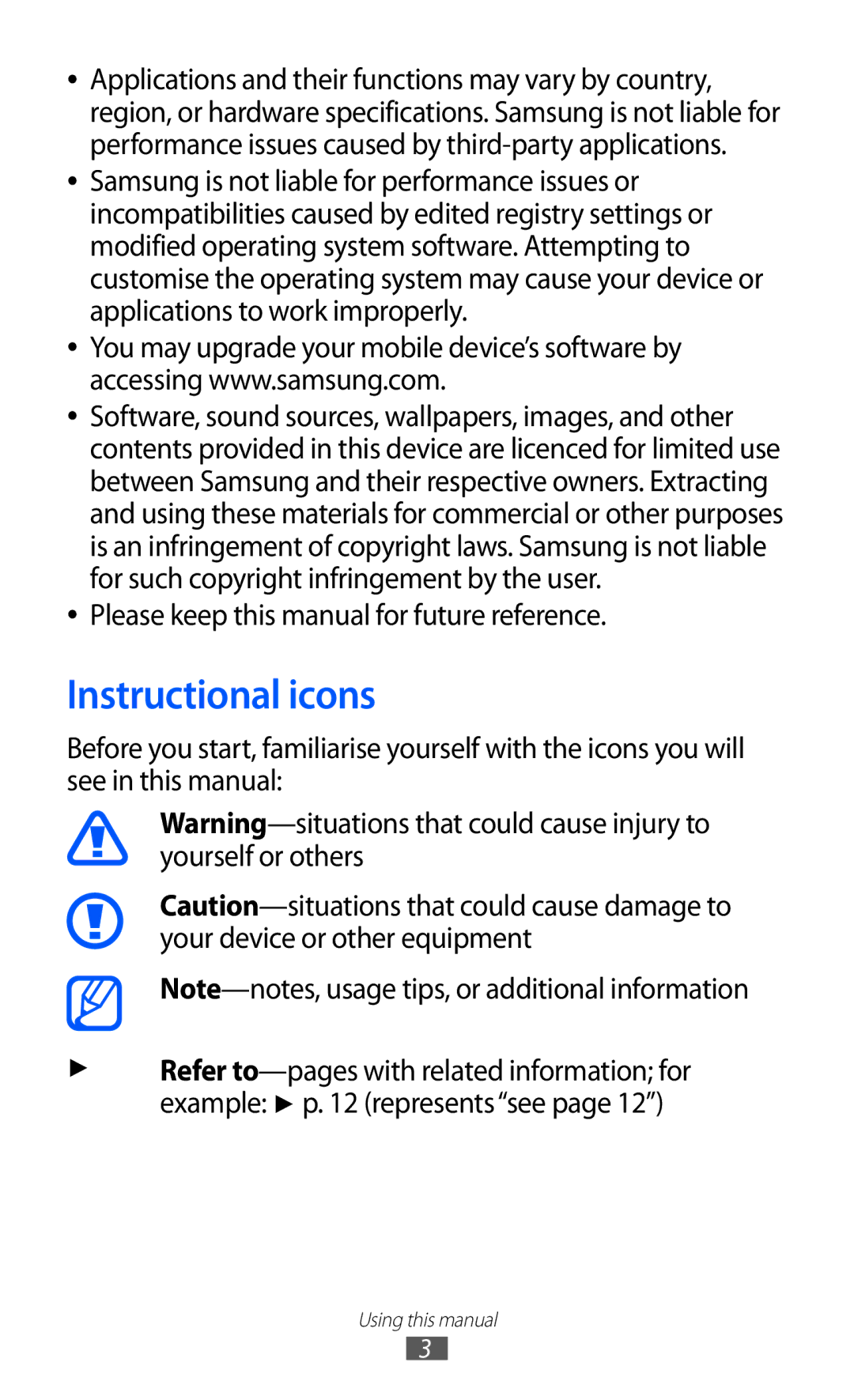 Samsung GT-P7320UWADTM, GT-P7320UWAVD2, GT-P7320FKAOPT Instructional icons, Please keep this manual for future reference 