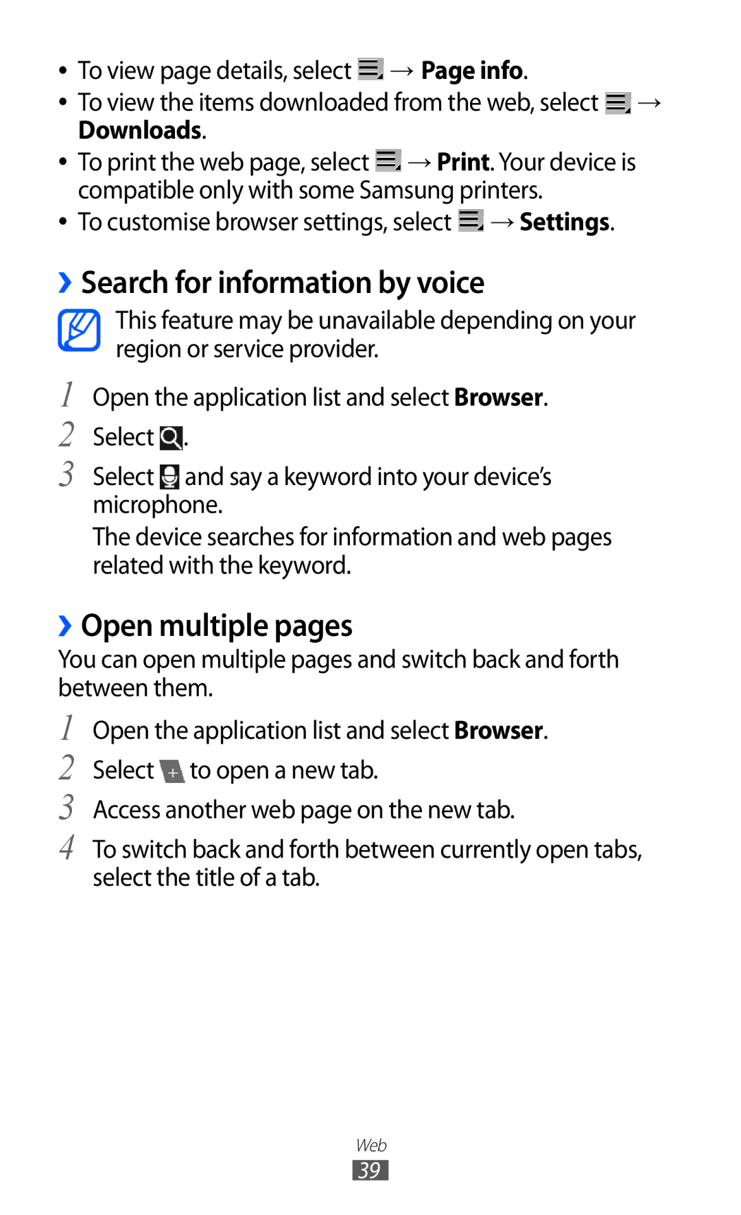 Samsung GT-P7320FKANEE, GT-P7320UWAVD2, GT-P7320FKAOPT manual ››Search for information by voice, ››Open multiple pages 