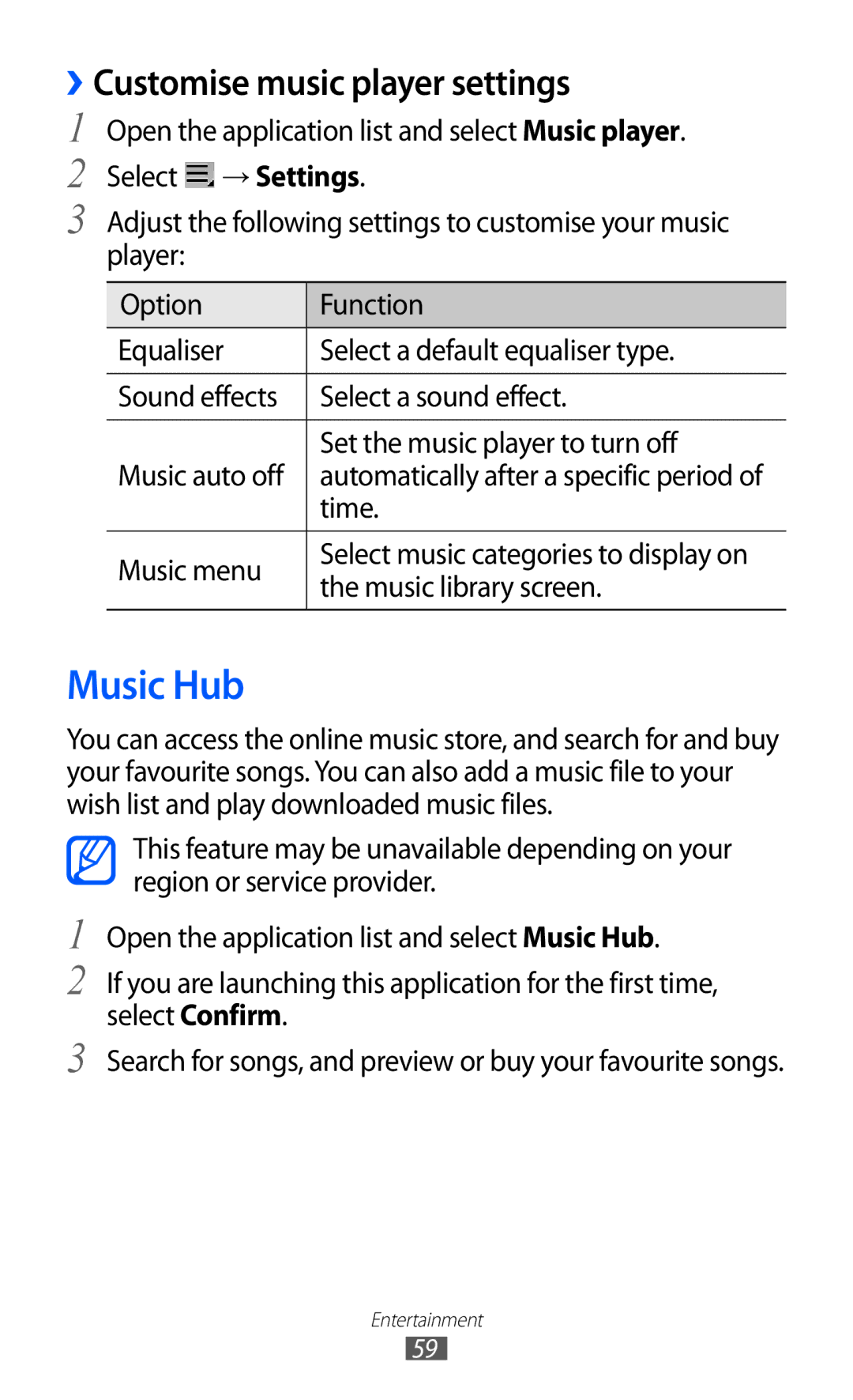 Samsung GT-P7320FKACRO manual Music Hub, ››Customise music player settings, Time, Music menu, Music library screen 