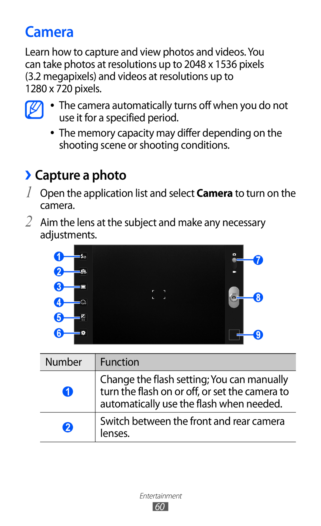 Samsung GT-P7320FKAVIP, GT-P7320UWAVD2 manual Camera, ››Capture a photo, Switch between the front and rear camera lenses 