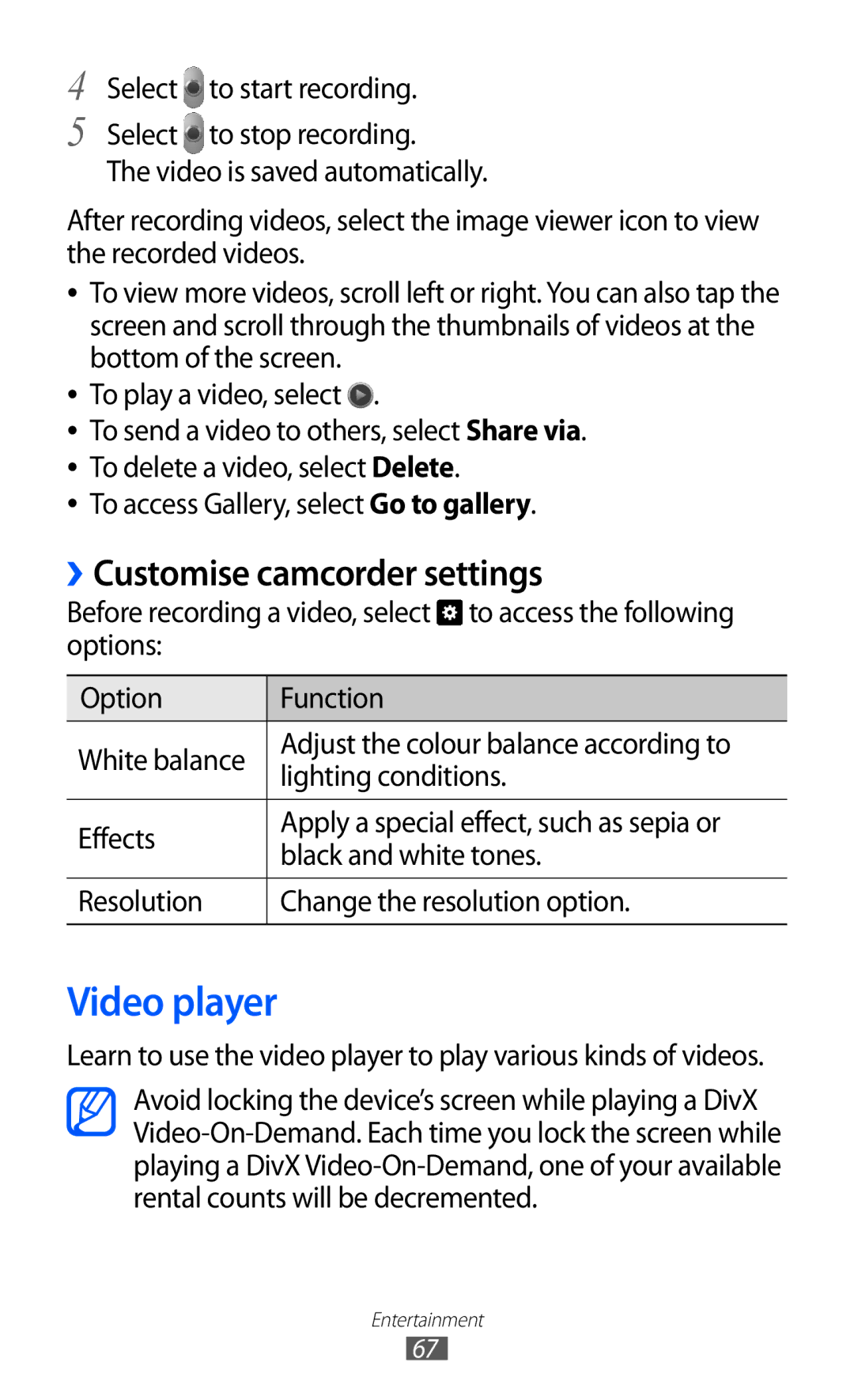 Samsung GT-P7320FKATMH manual Video player, ››Customise camcorder settings, Resolution Change the resolution option 