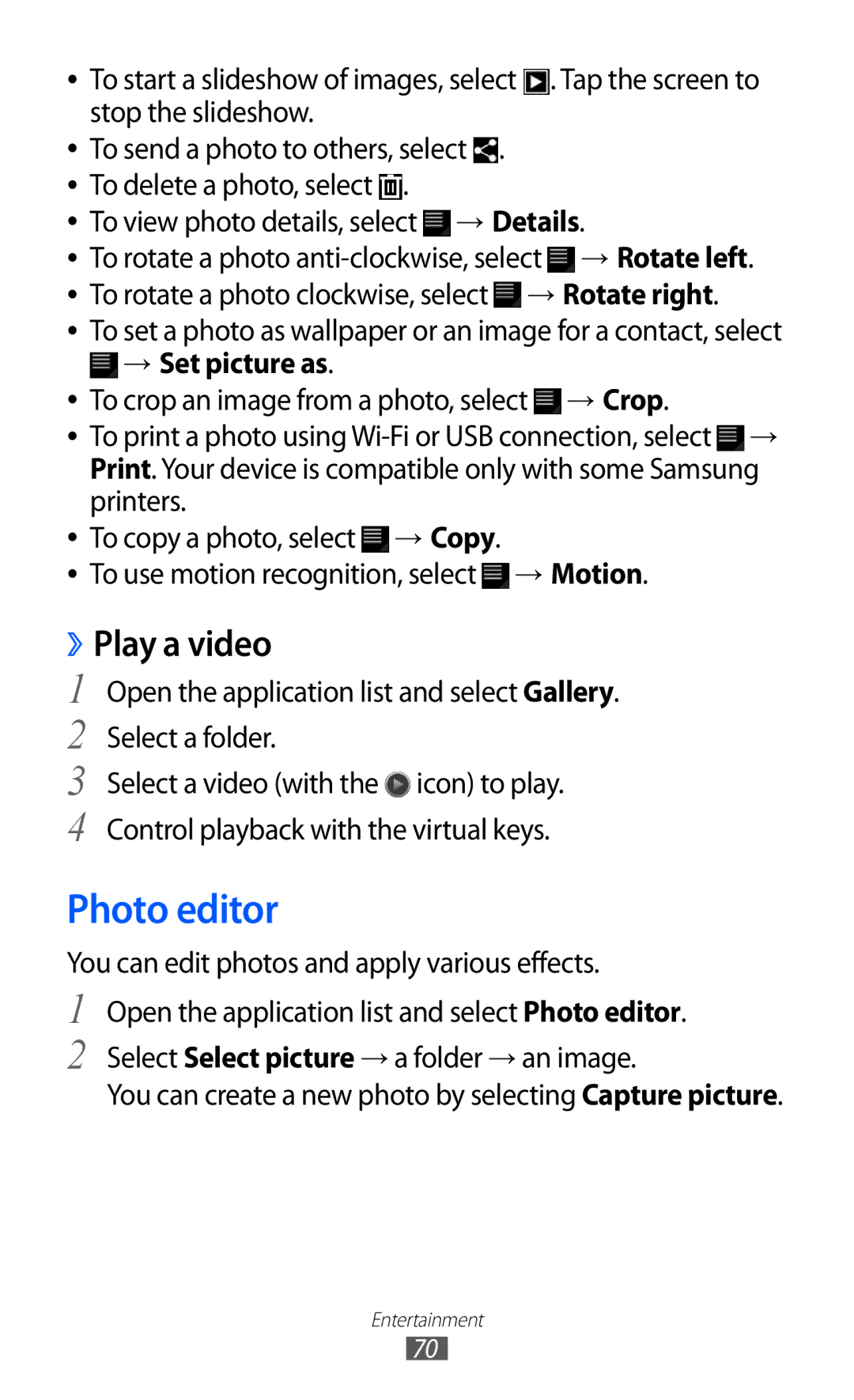 Samsung GT-P7320UWAMGF manual Photo editor, ››Play a video, To view photo details, select → Details, → Set picture as 