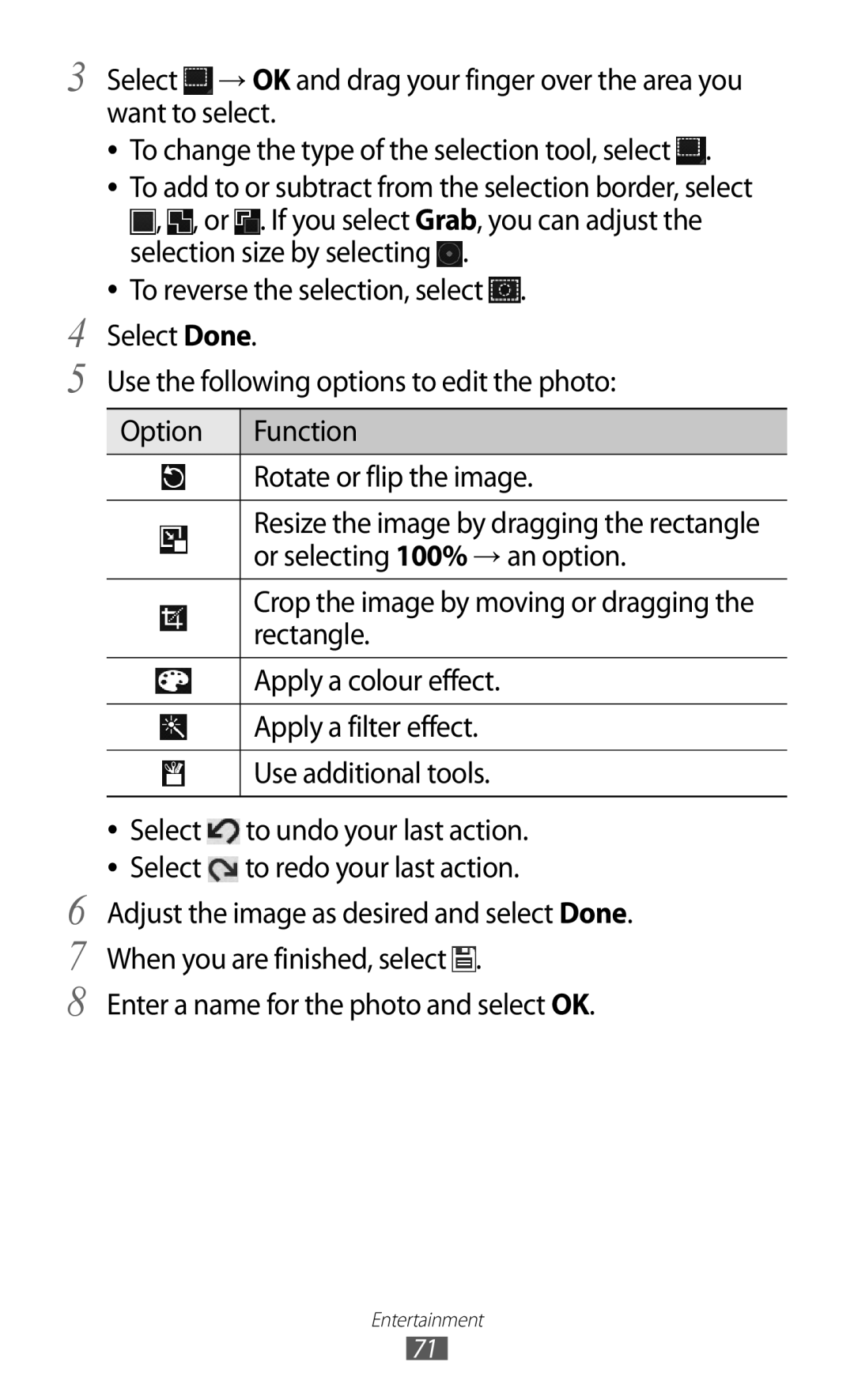 Samsung GT-P7320FKAMGF manual Or selecting 100% → an option, Rectangle, Apply a colour effect, Apply a filter effect 