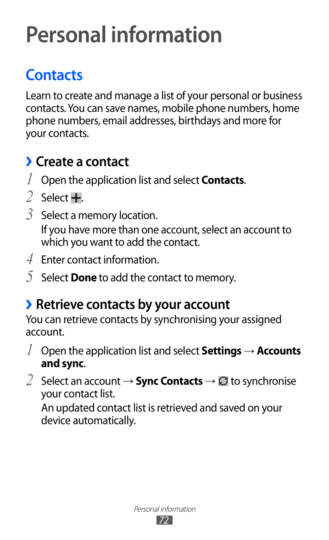 Samsung GT-P7320UWAVD2 manual Personal information, Contacts, ››Create a contact, ››Retrieve contacts by your account, Sync 
