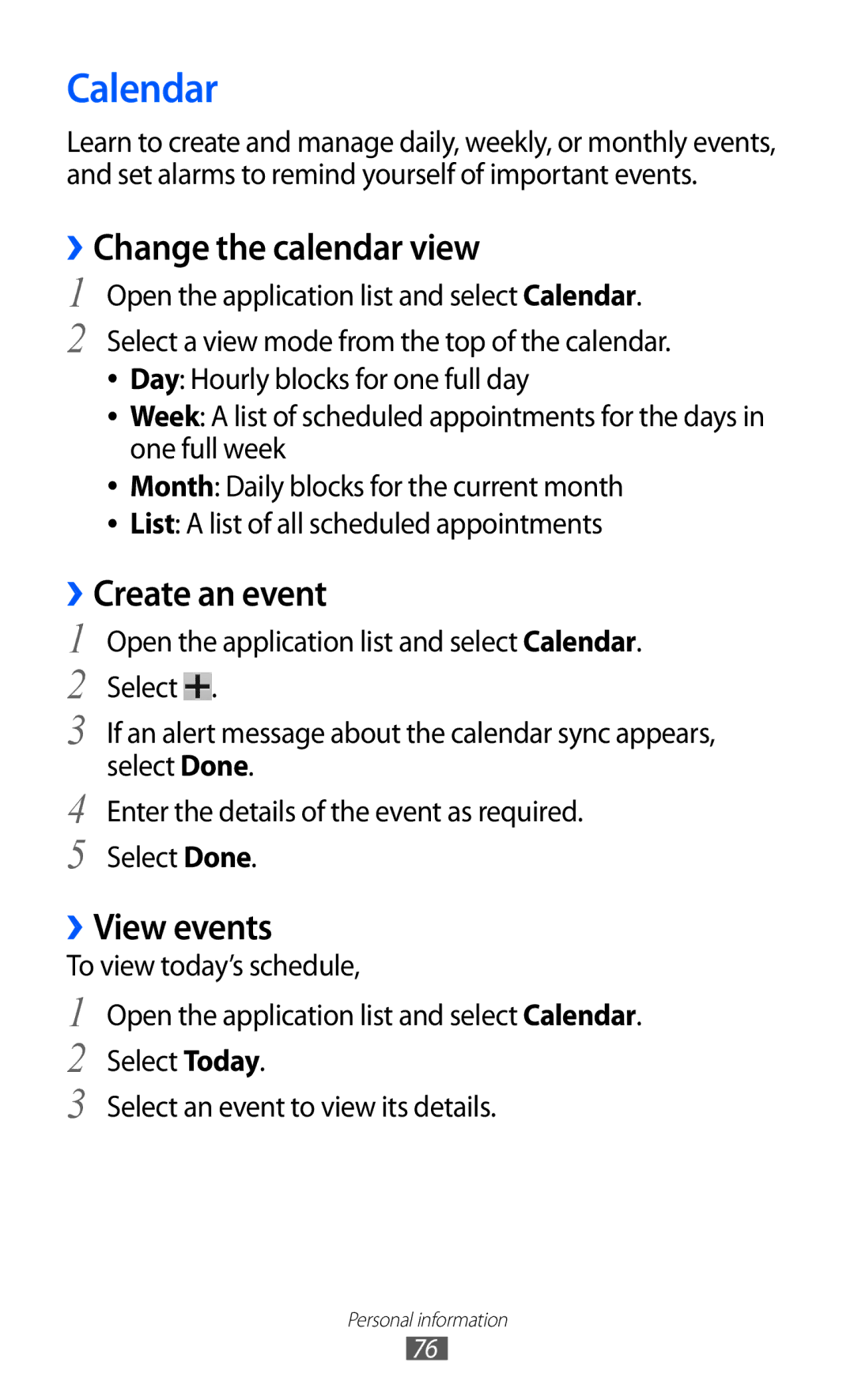 Samsung GT-P7320UWACOV, GT-P7320UWAVD2 manual Calendar, ››Change the calendar view, ››Create an event, ››View events 