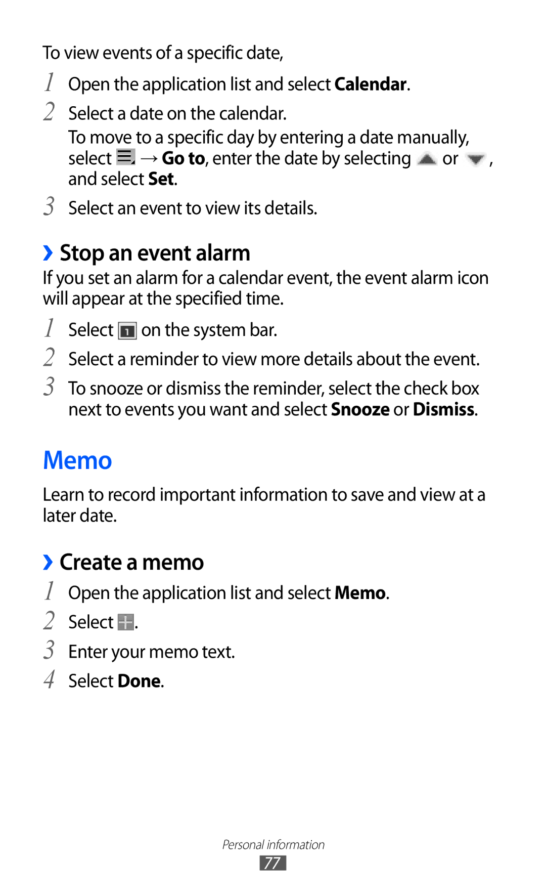 Samsung GT-P7320UWAFTM, GT-P7320UWAVD2, GT-P7320FKAOPT, GT-P7320FKATMN manual Memo, ››Stop an event alarm, ››Create a memo 