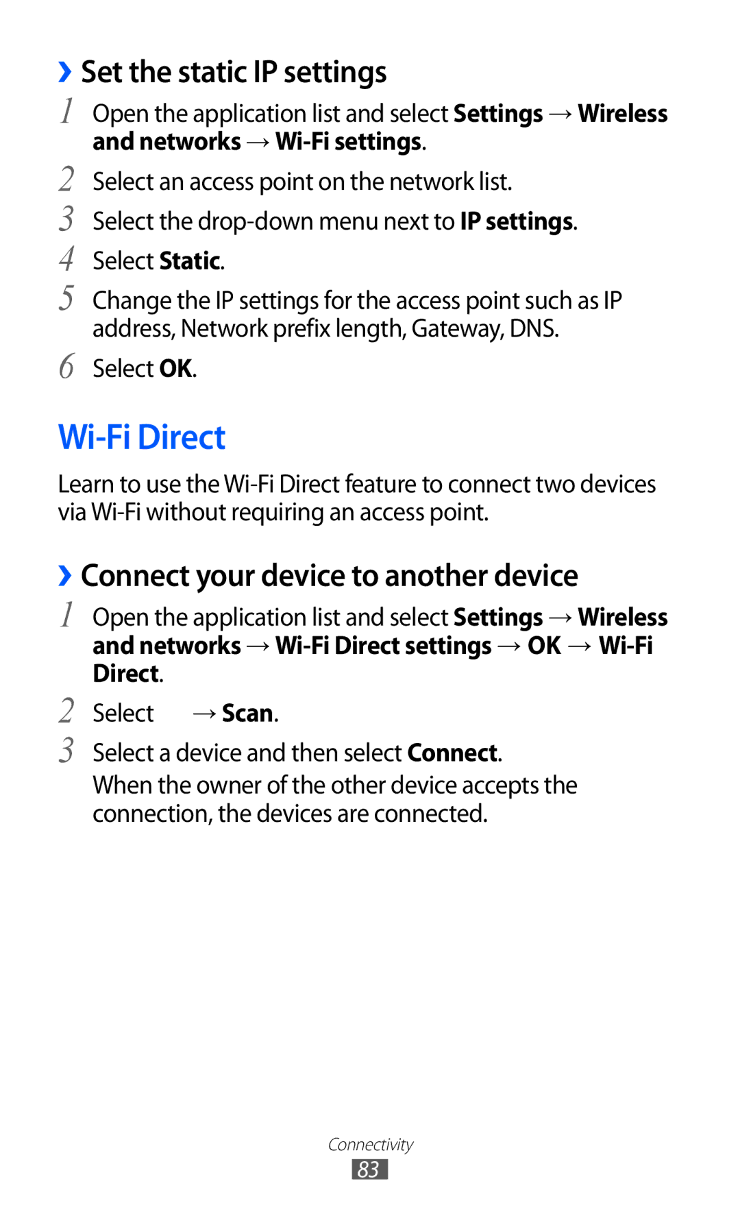 Samsung GT-P7320FKACRO, GT-P7320UWAVD2 Wi-Fi Direct, ››Set the static IP settings, ››Connect your device to another device 