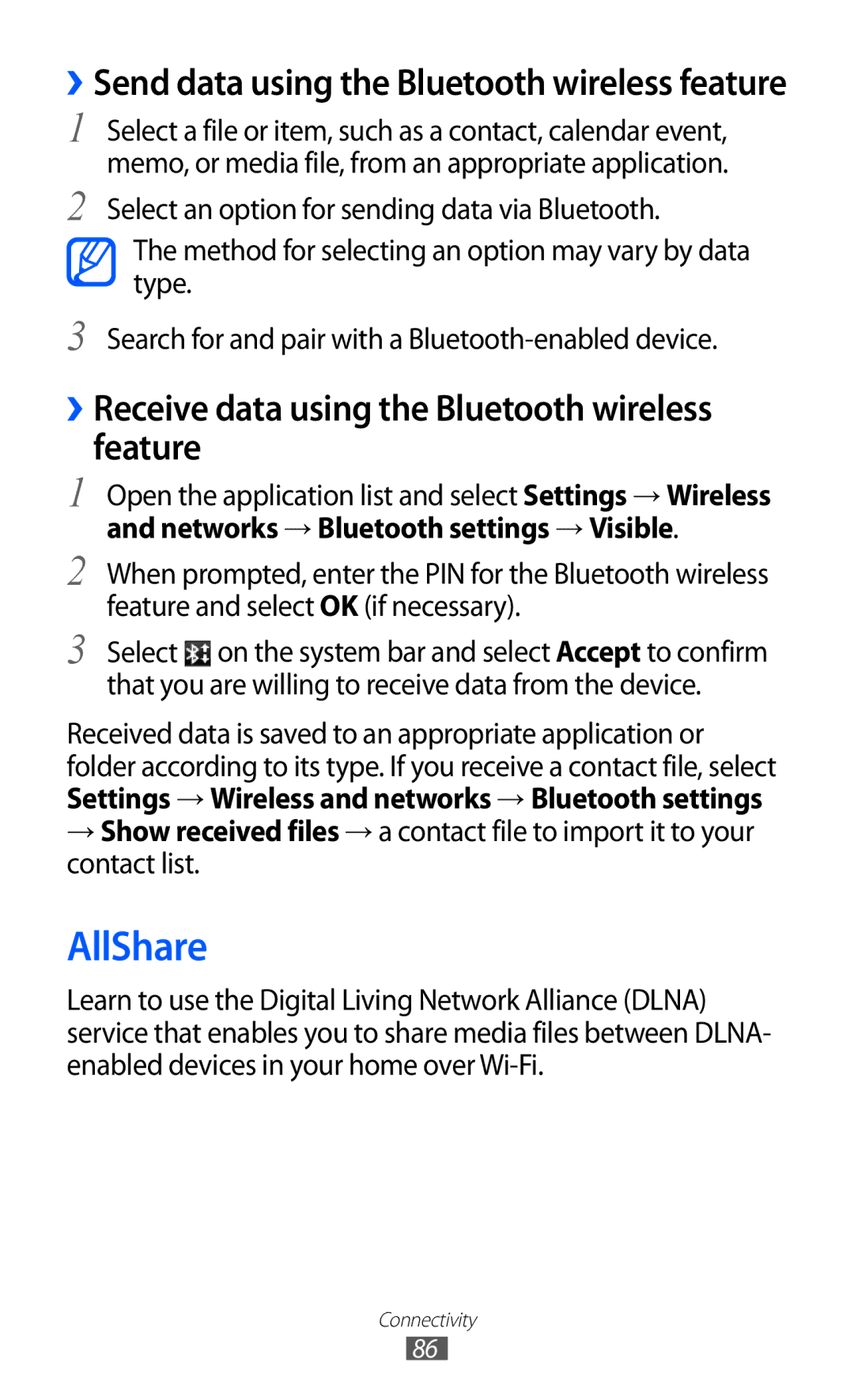 Samsung GT-P7320UWANEE, GT-P7320UWAVD2, GT-P7320FKAOPT manual AllShare, ››Receive data using the Bluetooth wireless feature 