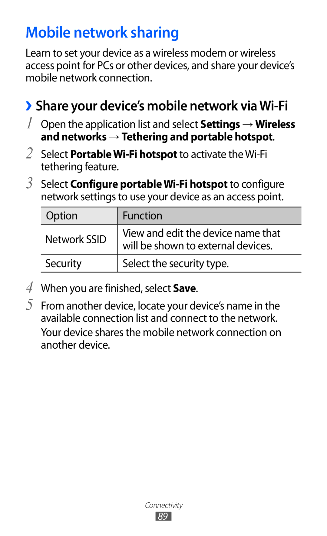 Samsung GT-P7320UWAELS, GT-P7320UWAVD2 manual Mobile network sharing, ››Share your device’s mobile network via Wi-Fi 