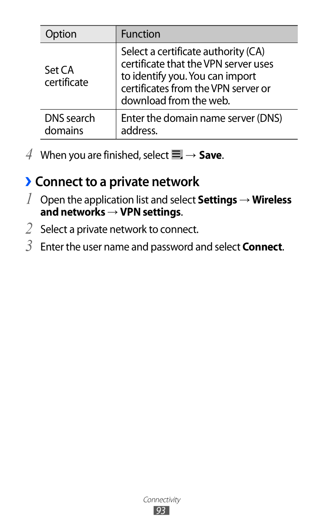 Samsung GT-P7320UWATMH manual ››Connect to a private network, Domains Address When you are finished, select → Save 