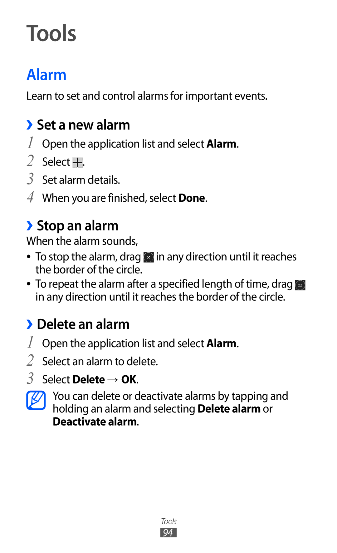 Samsung GT-P7320UWAMGF, GT-P7320UWAVD2, GT-P7320FKAOPT Tools, Alarm, ››Set a new alarm, ››Stop an alarm, ››Delete an alarm 