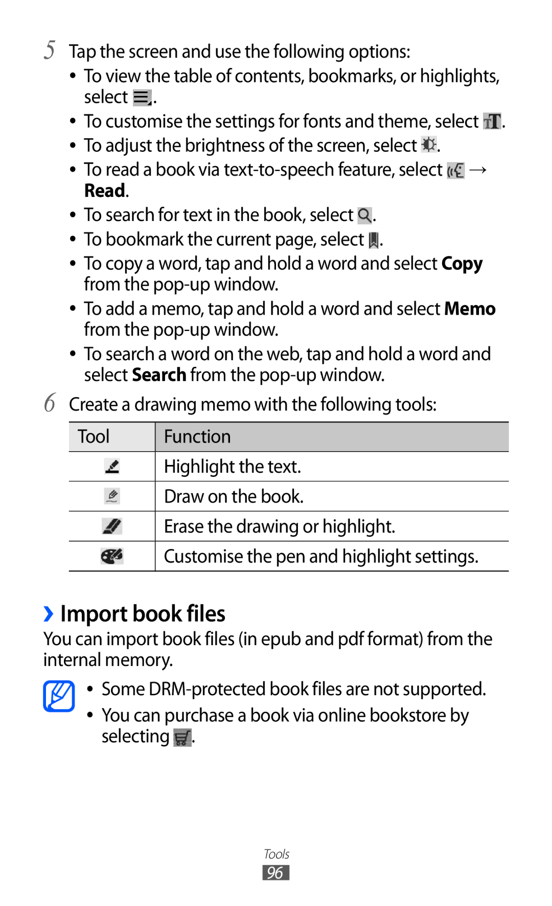 Samsung GT-P7320UWAVD2, GT-P7320FKAOPT manual ››Import book files, To read a book via text-to-speech feature, select → Read 