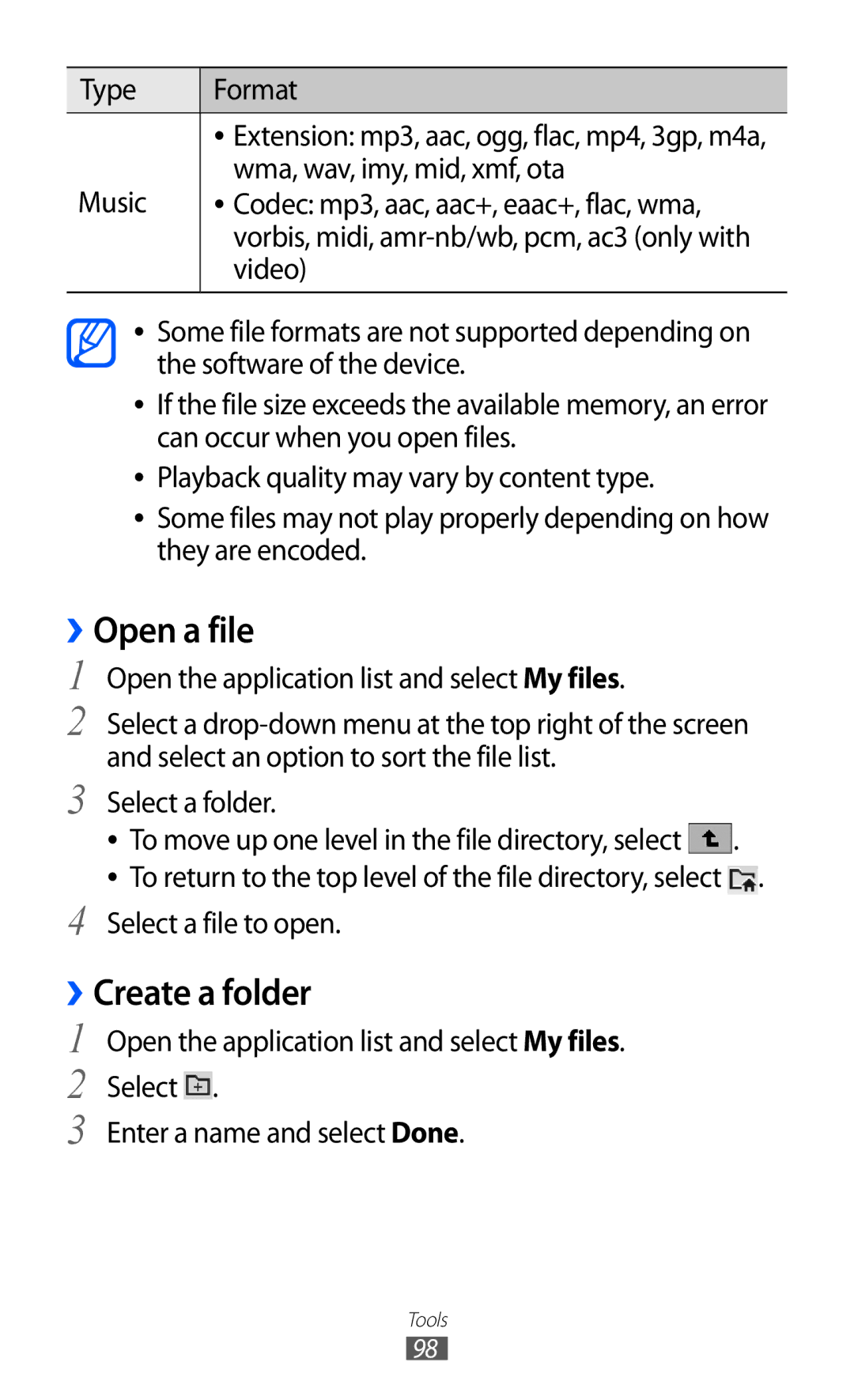 Samsung GT-P7320FKATMN manual ››Open a file, ››Create a folder, Type Format, Music Wma, wav, imy, mid, xmf, ota, Video 