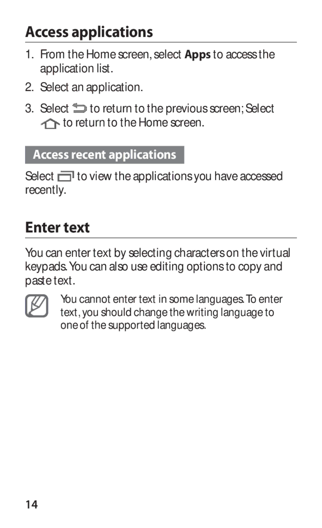 Samsung GT-P7320UWANEE, GT-P7320UWAVD2, GT-P7320FKAOPT, GT-P7320FKATMN, GT-P7320UWADTM manual Access applications, Enter text 