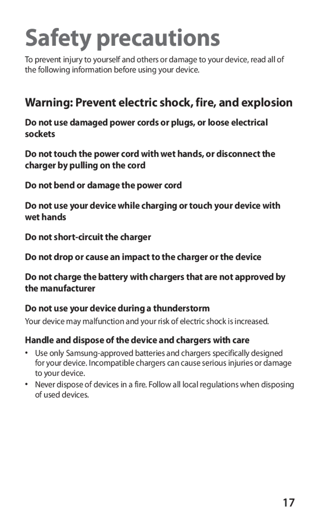 Samsung GT-P7320UWAELS, GT-P7320UWAVD2 manual Safety precautions, Handle and dispose of the device and chargers with care 