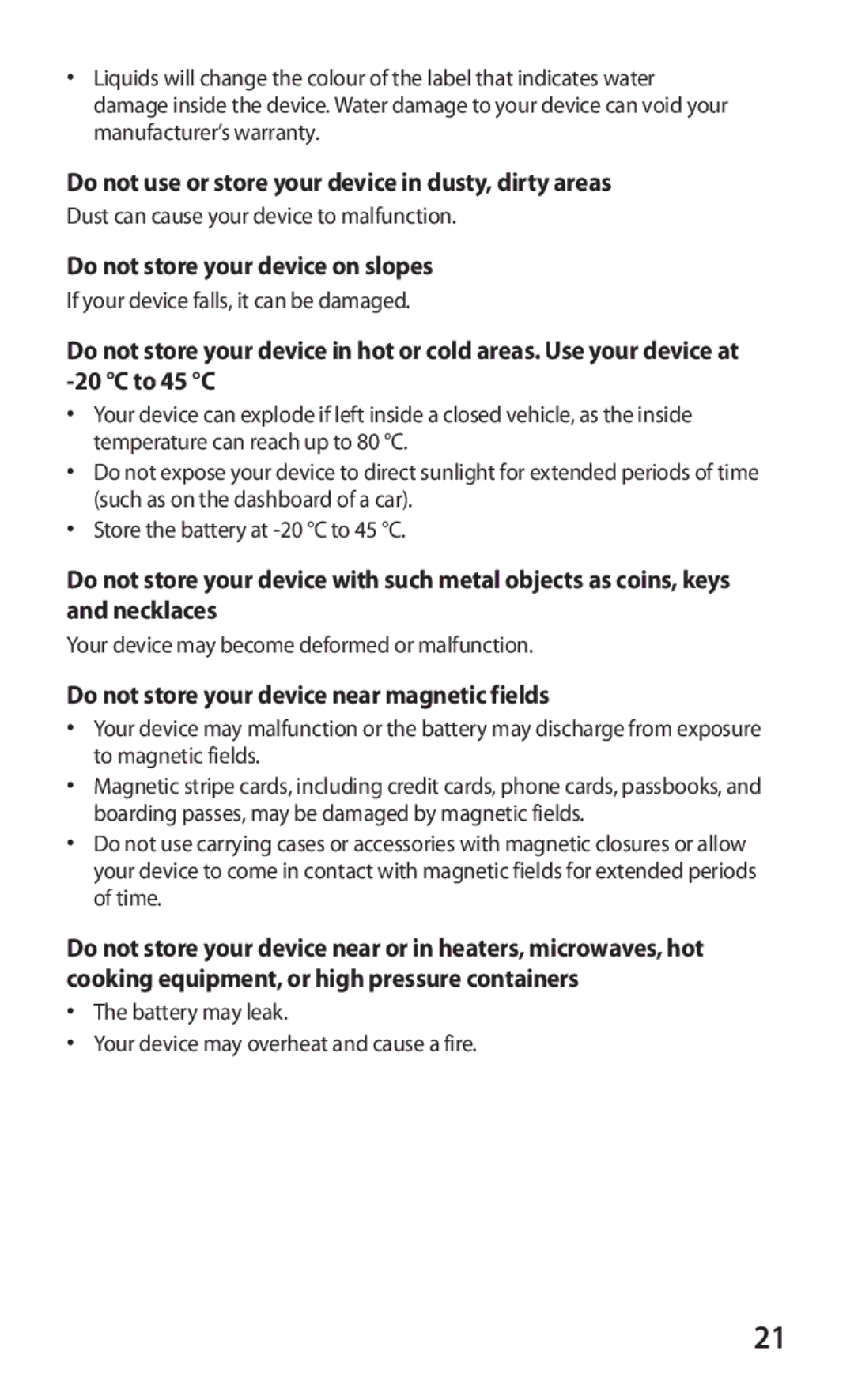 Samsung GT-P7320UWADTM manual Do not use or store your device in dusty, dirty areas, Do not store your device on slopes 