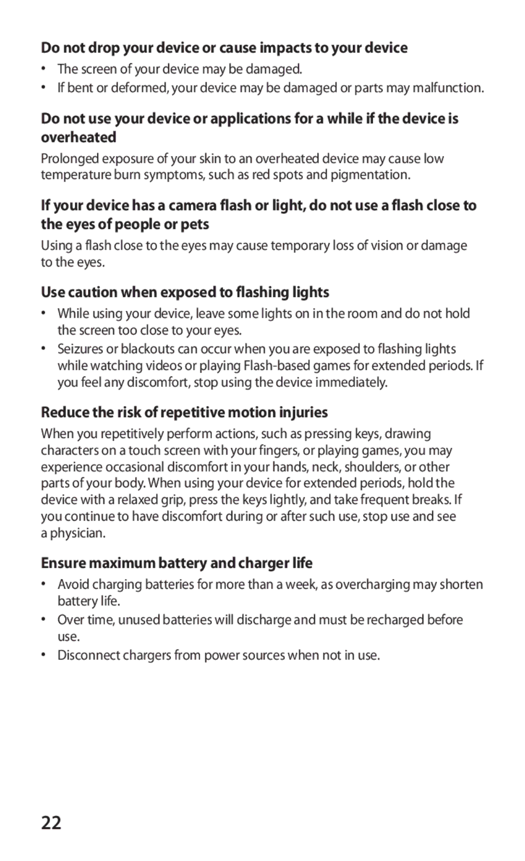 Samsung GT-P7320UWACOV Do not drop your device or cause impacts to your device, Ensure maximum battery and charger life 