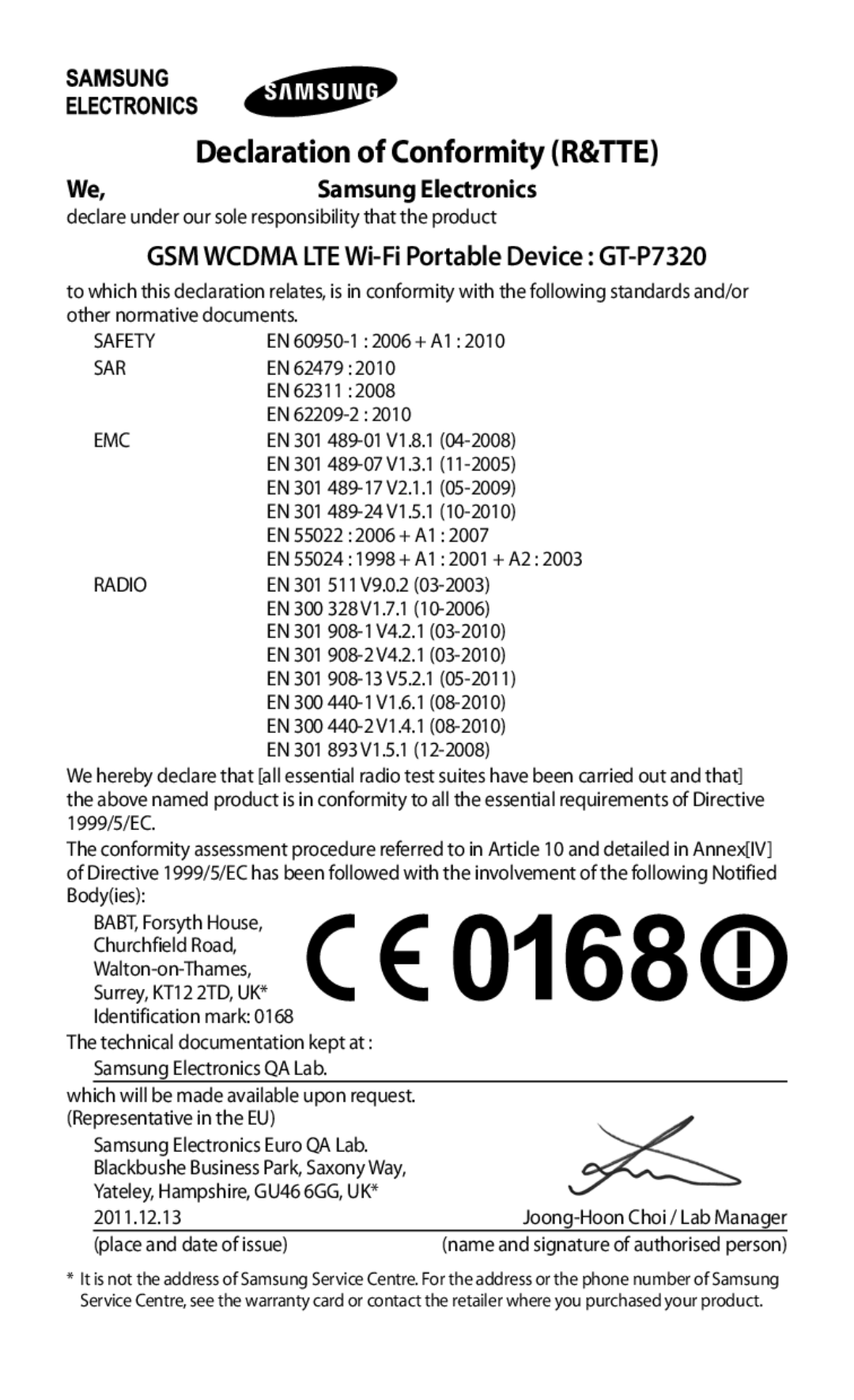 Samsung GT-P7320FKATMN, GT-P7320UWAVD2, GT-P7320FKAOPT, GT-P7320UWADTM, GT-P7320UWACOV manual Declaration of Conformity R&TTE 