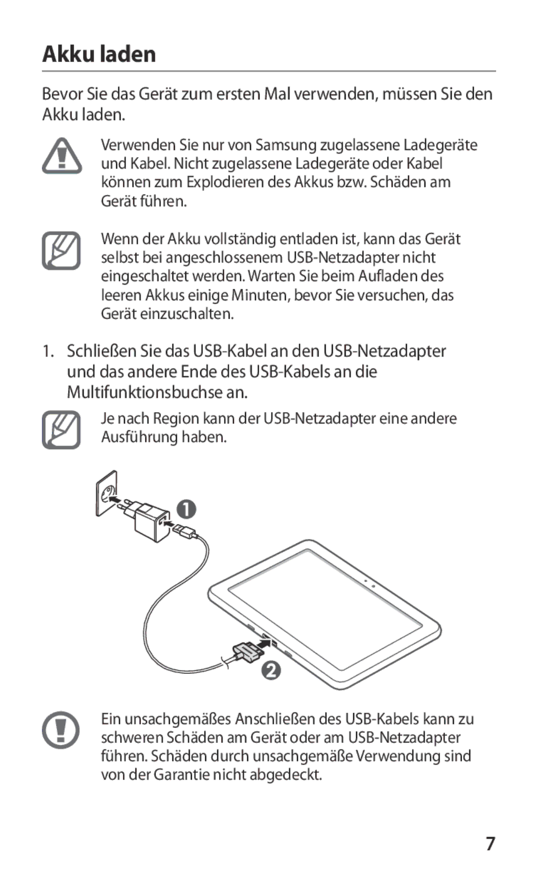 Samsung GT-P7320FKATMN, GT-P7320UWAVD2, GT-P7320FKAOPT, GT-P7320UWADTM, GT-P7320UWACOV manual Akku laden 